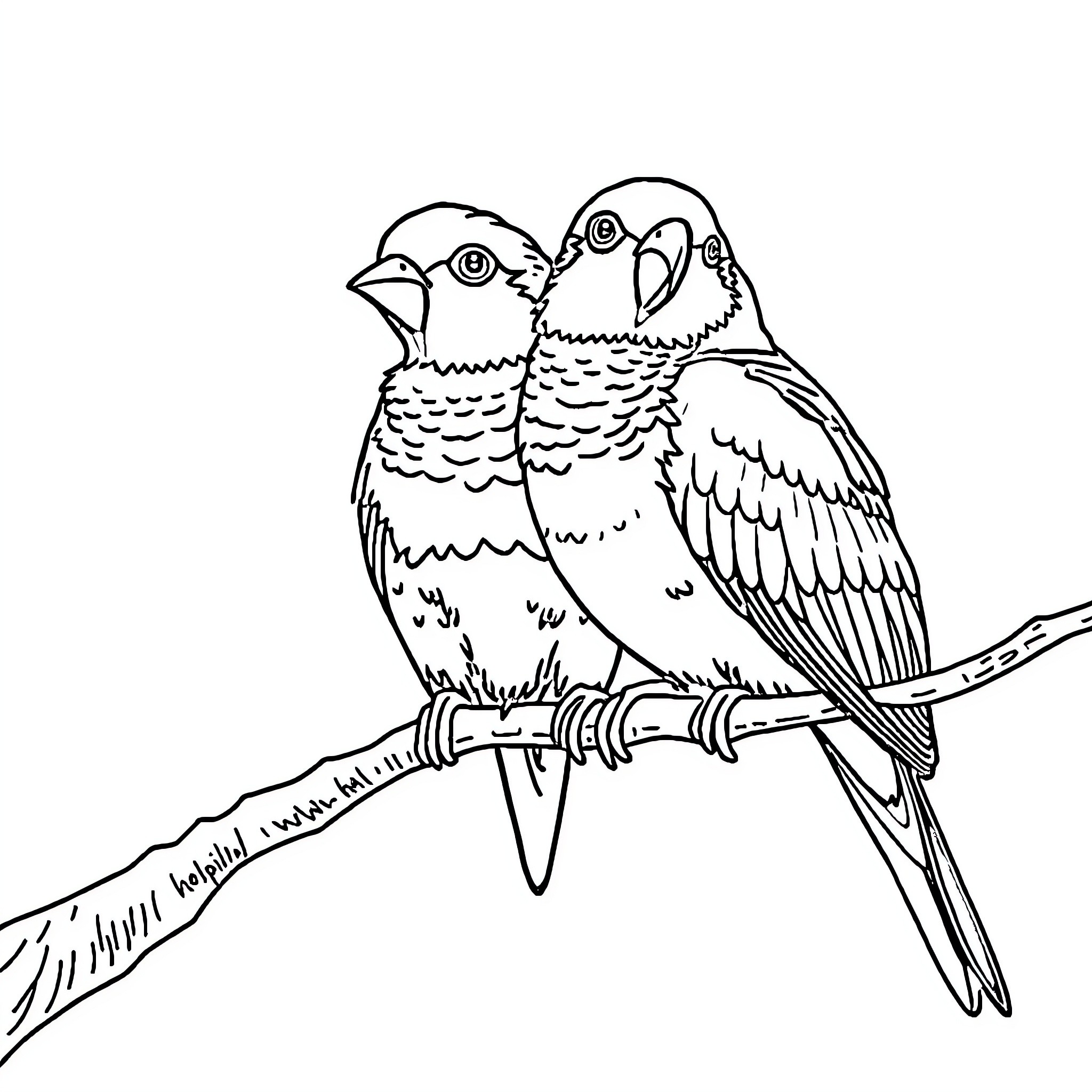 Tit birds perched together on a branch Coloring Page (free black-and-white line drawing printable PDF for all, from beginners to advanced learners, including children, teens, adults, and seniors)