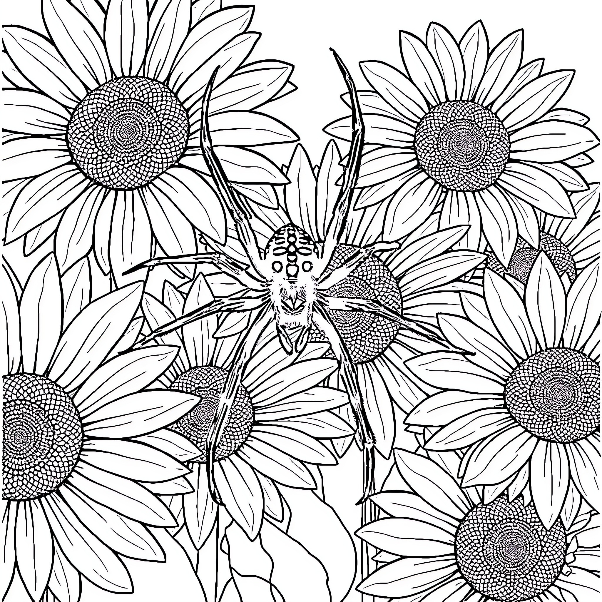 Black Widow Spider Amidst Sunflowers Coloring Page (free black-and-white line drawing printable PDF for all, from beginners to advanced learners, including children, teens, adults, and seniors)