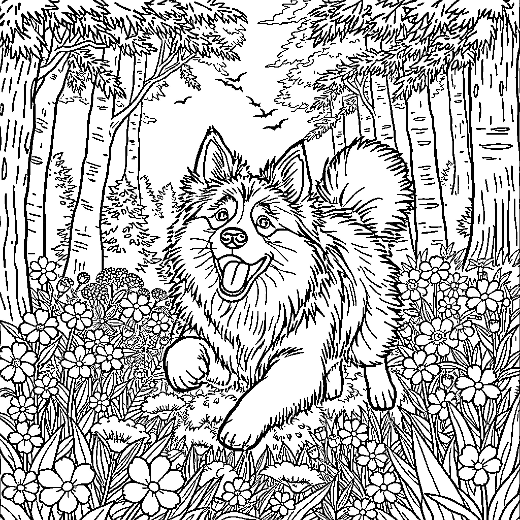 Eurasier exploring the enchanted forest Coloring Page (free black-and-white line drawing printable PDF for all, from beginners to advanced learners, including children, teens, adults, and seniors)