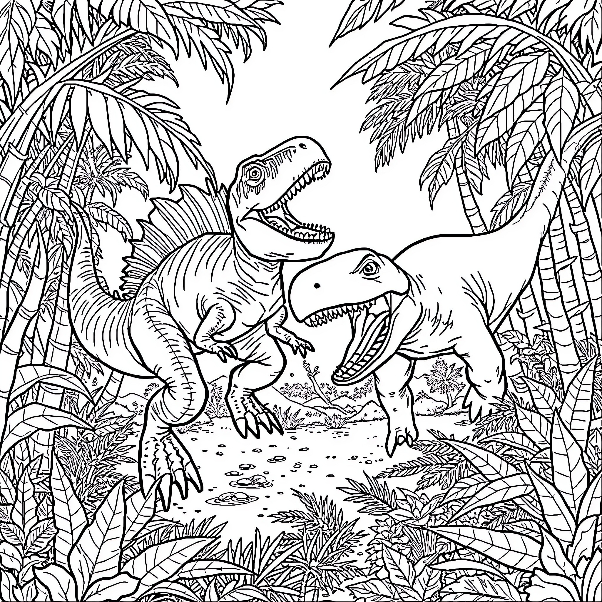 Dinosaurs hunting in the prehistoric jungle Coloring Page (free black-and-white line drawing printable PDF for all, from beginners to advanced learners, including children, teens, adults, and seniors)