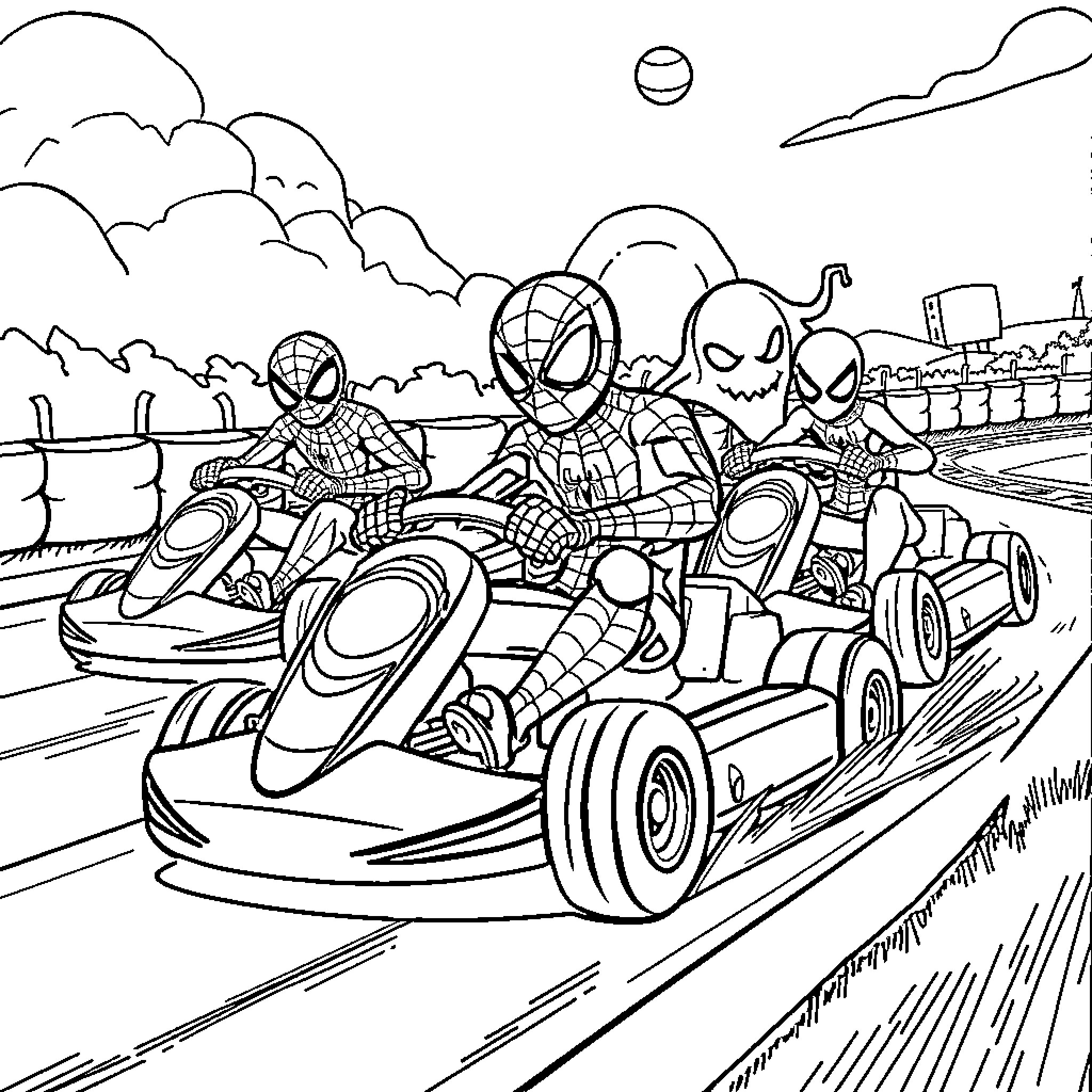 Spider heroes racing in futuristic go-karts Coloring Page (free black-and-white line drawing printable PDF for all, from beginners to advanced learners, including children, teens, adults, and seniors)