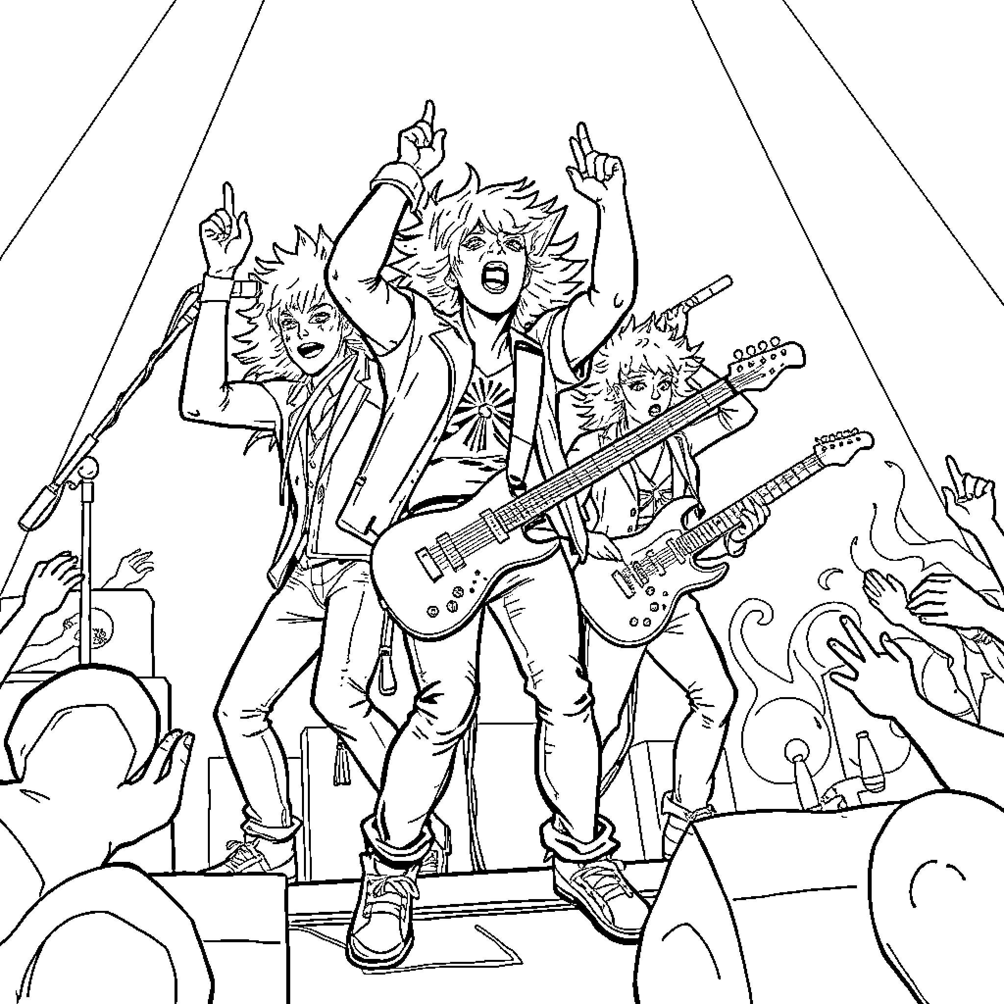 Huntrix Rockers Performing on Stage Coloring Page (free black-and-white line drawing printable PDF for all, from beginners to advanced learners, including children, teens, adults, and seniors)