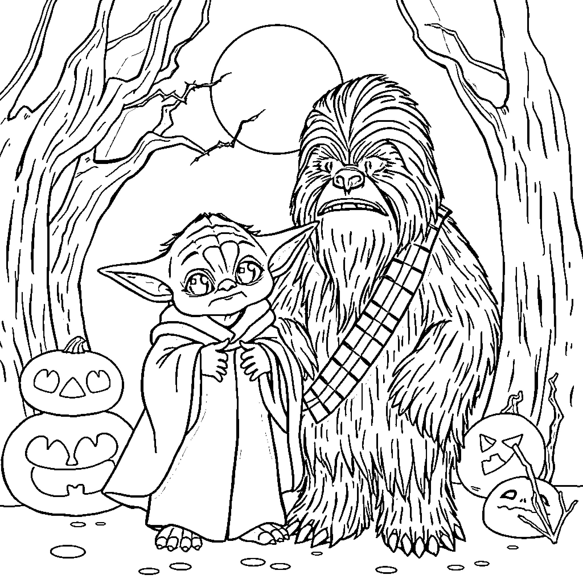 Yoda and Chewbacca celebrate Halloween in the forest Coloring Page (free black-and-white line drawing printable PDF for all, from beginners to advanced learners, including children, teens, adults, and seniors)