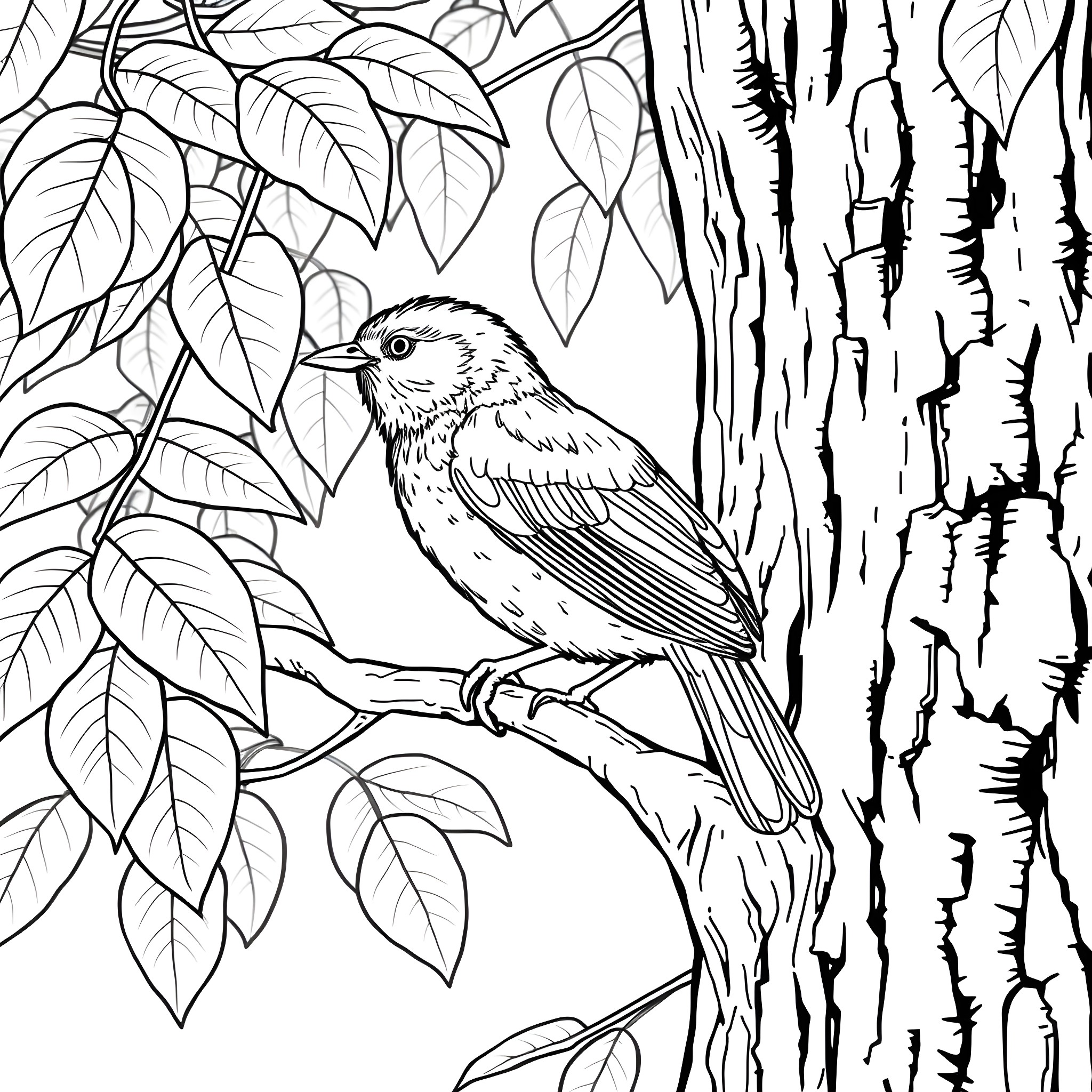 Setophaga Petechia perched on tree branch with leaves Coloring Page (free black-and-white line drawing printable PDF for all, from beginners to advanced learners, including children, teens, adults, and seniors)