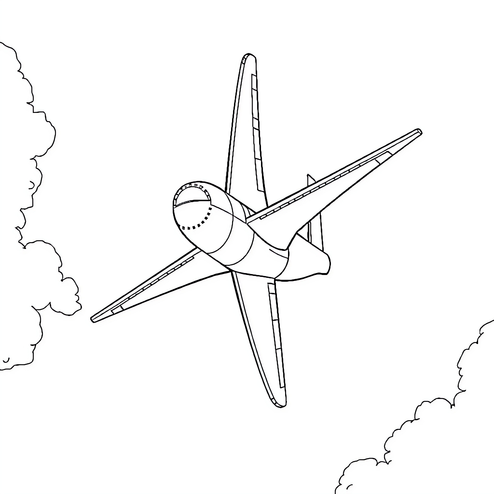 Plane ascending through cloudy skies Coloring Page (free black-and-white line drawing printable PDF for all, from beginners to advanced learners, including children, teens, adults, and seniors)