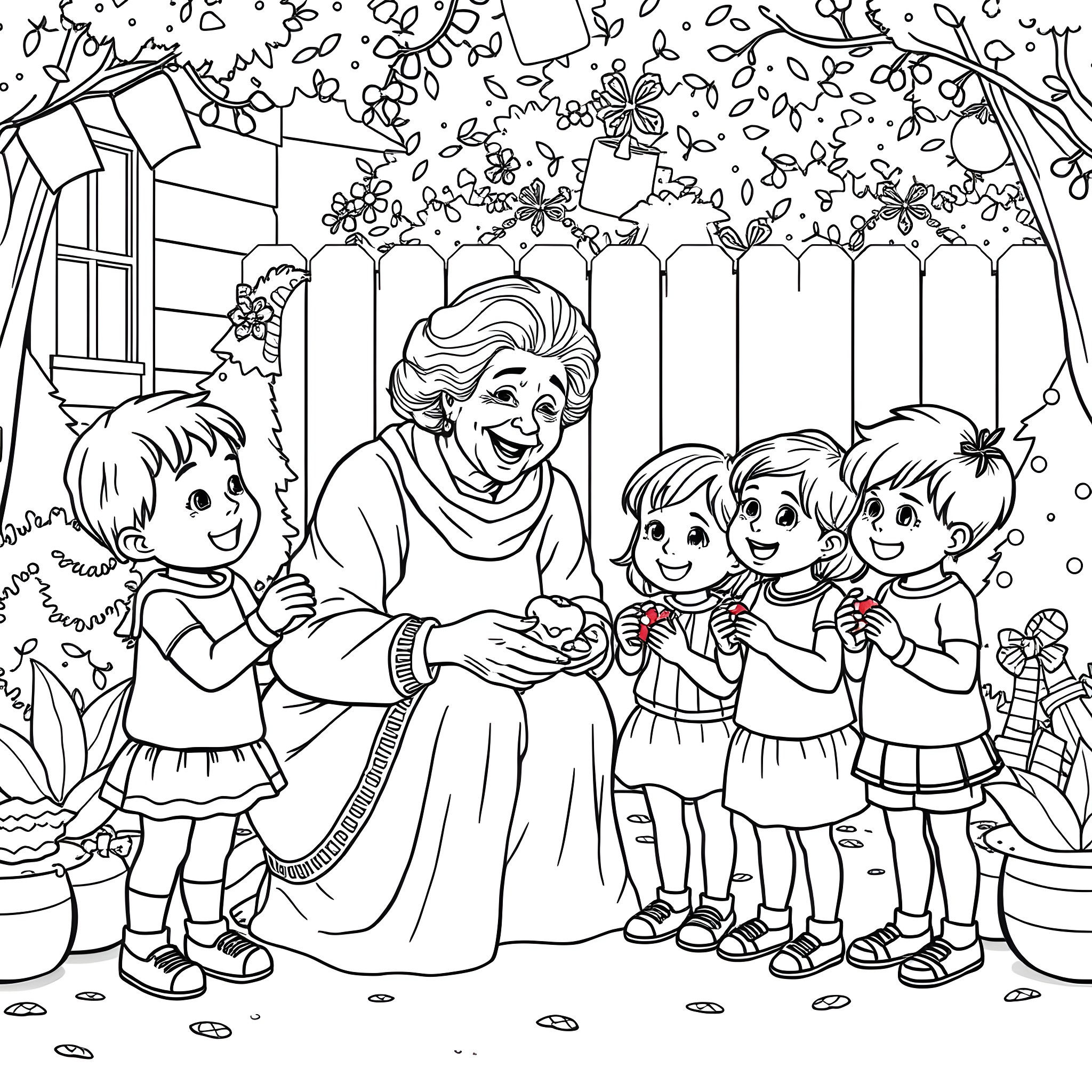 Granny Playing with Children in the Garden Coloring Page (free black-and-white line drawing printable PDF for all, from beginners to advanced learners, including children, teens, adults, and seniors)