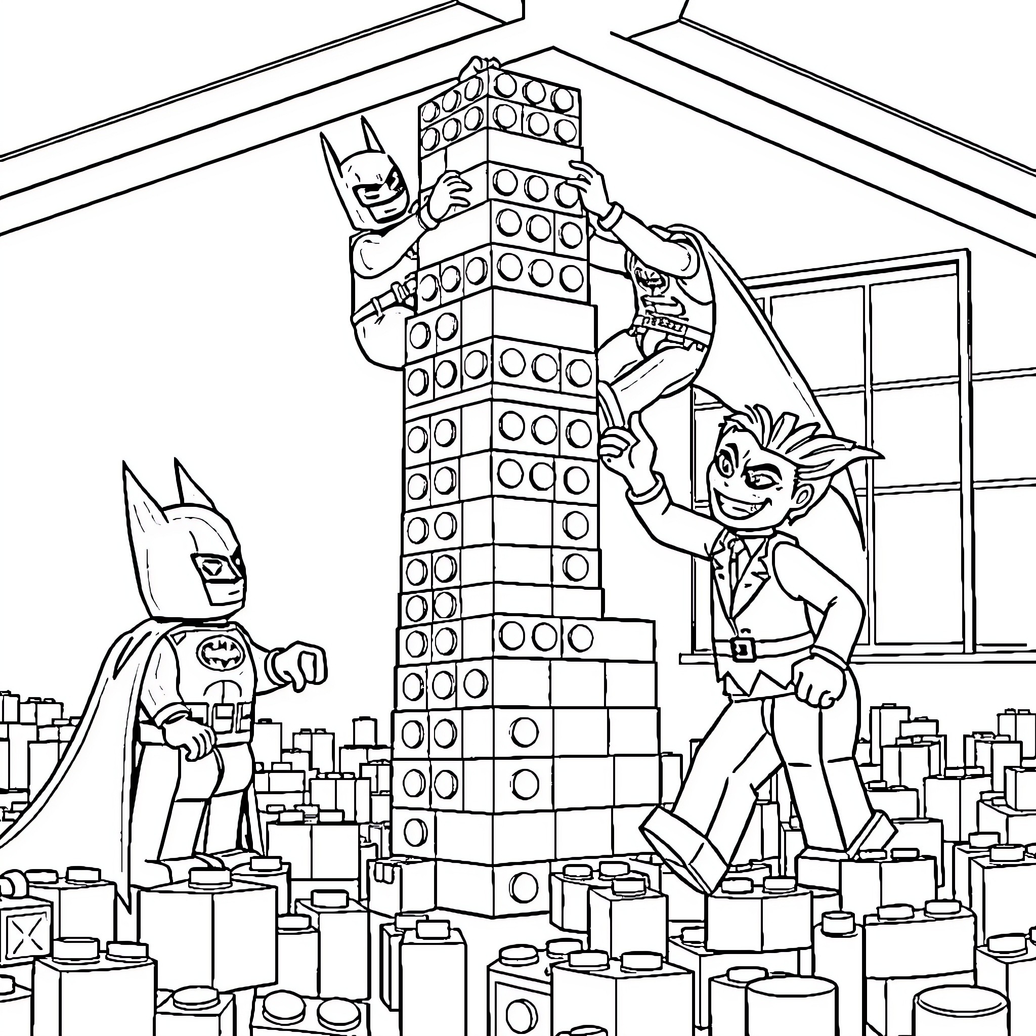 Batman and friends building a giant Lego structure Coloring Page (free black-and-white line drawing printable PDF for all, from beginners to advanced learners, including children, teens, adults, and seniors)