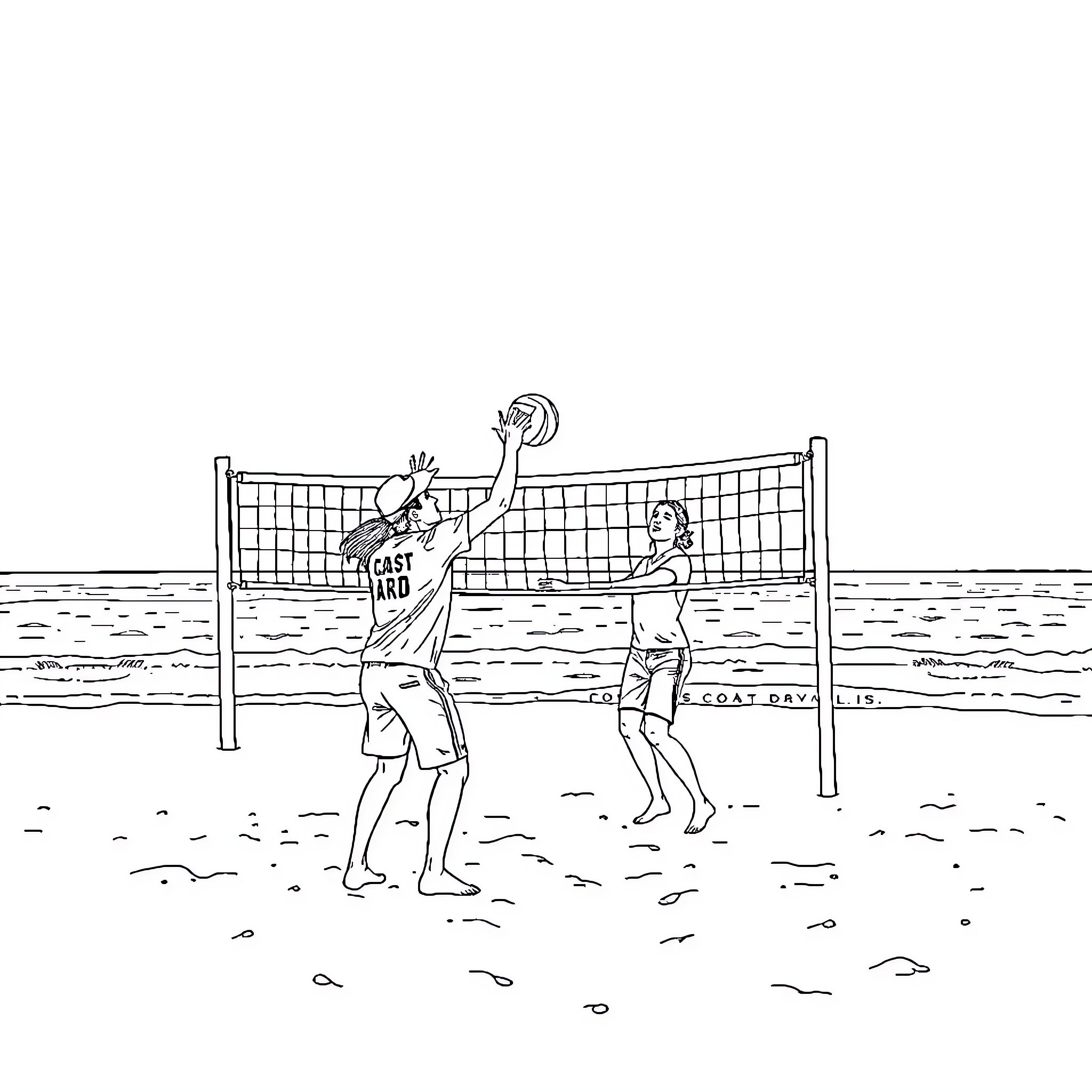 Coast Guard members playing volleyball on the beach Coloring Page (free black-and-white line drawing printable PDF for all, from beginners to advanced learners, including children, teens, adults, and seniors)