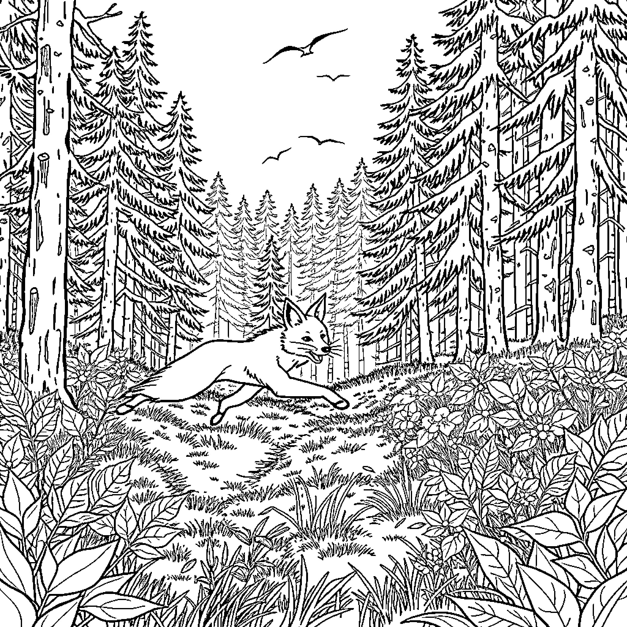 Fox resting in the serene forest landscape Coloring Page (free black-and-white line drawing printable PDF for all, from beginners to advanced learners, including children, teens, adults, and seniors)
