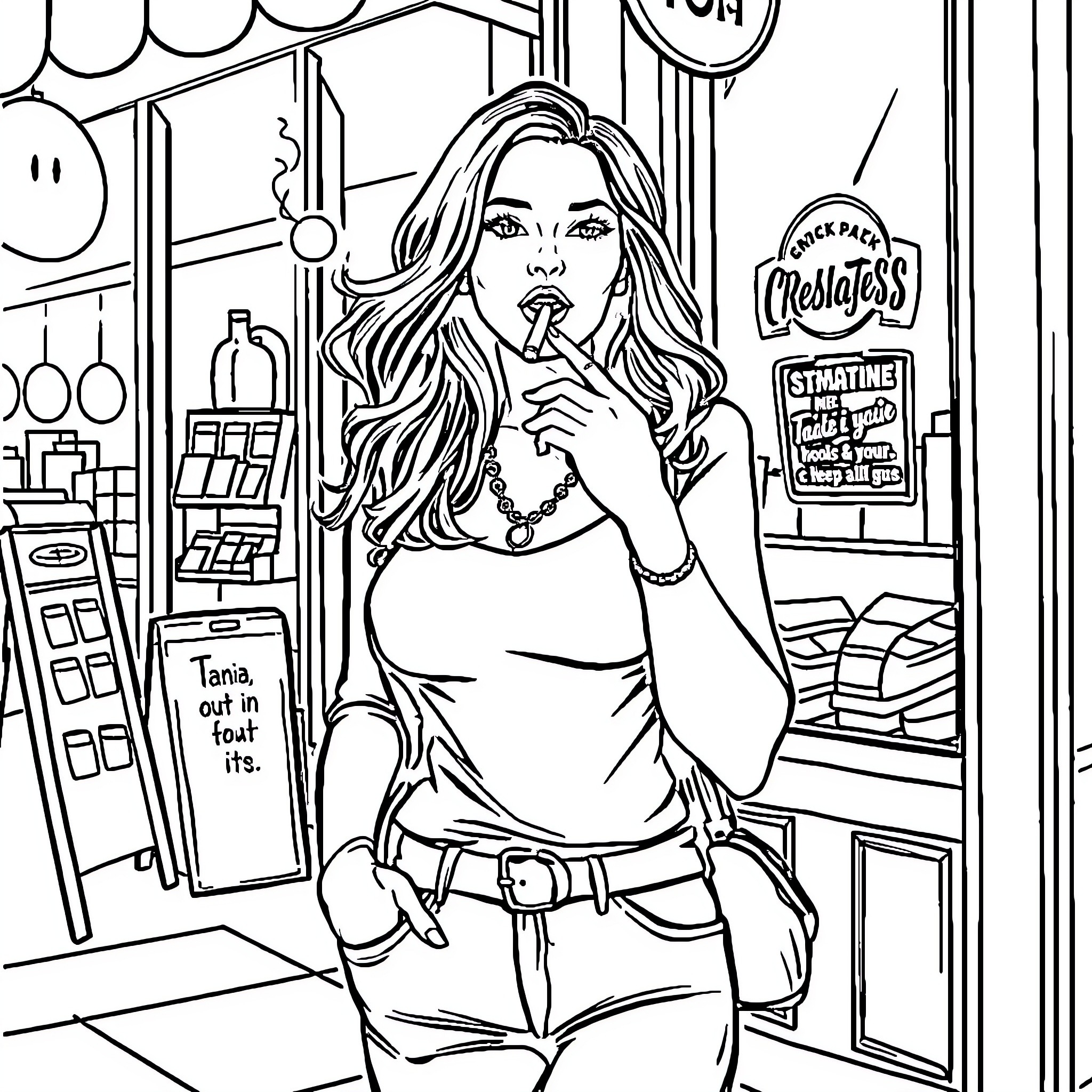 Tania Raymonde shopping and posing in a convenience store Coloring Page (free black-and-white line drawing printable PDF for all, from beginners to advanced learners, including children, teens, adults, and seniors)