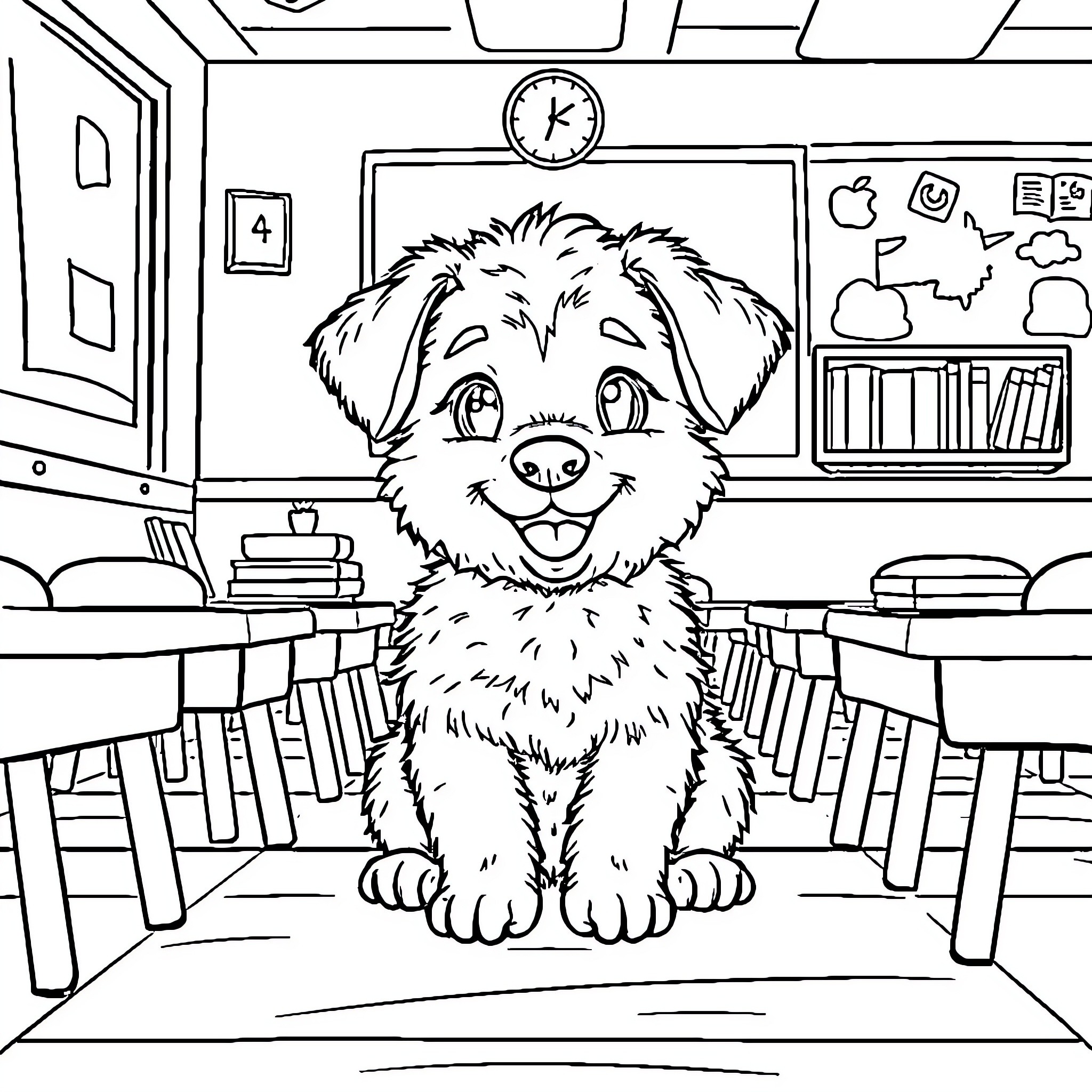 Puppy sitting in a classroom Coloring Page (free black-and-white line drawing printable PDF for all, from beginners to advanced learners, including children, teens, adults, and seniors)