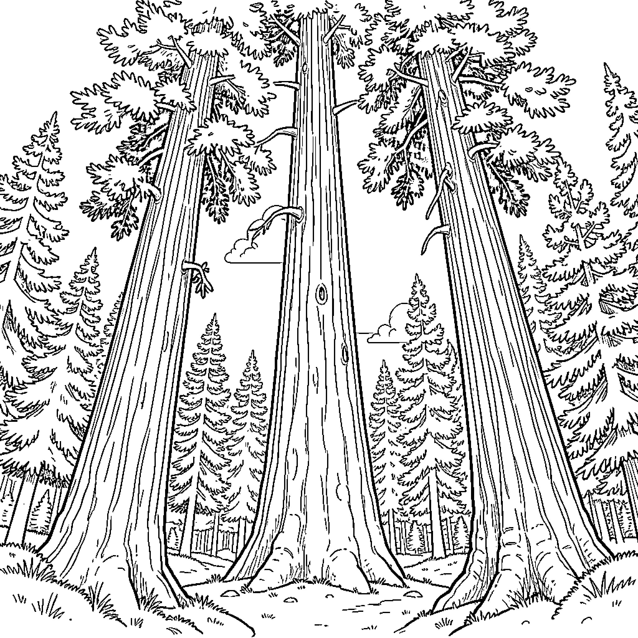 Redwood forest with towering trees Coloring Page (free black-and-white line drawing printable PDF for all, from beginners to advanced learners, including children, teens, adults, and seniors)