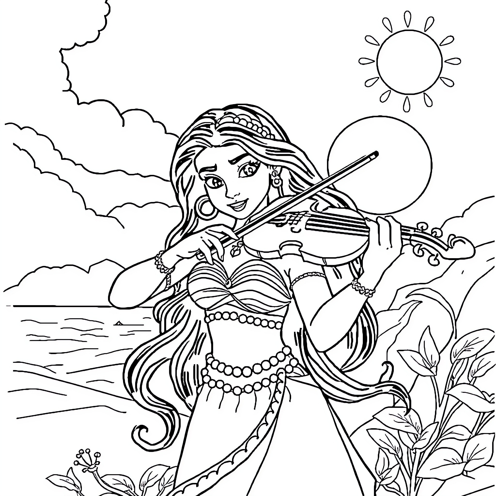 Vaiana playing violin in the tropical landscape Coloring Page (free black-and-white line drawing printable PDF for all, from beginners to advanced learners, including children, teens, adults, and seniors)