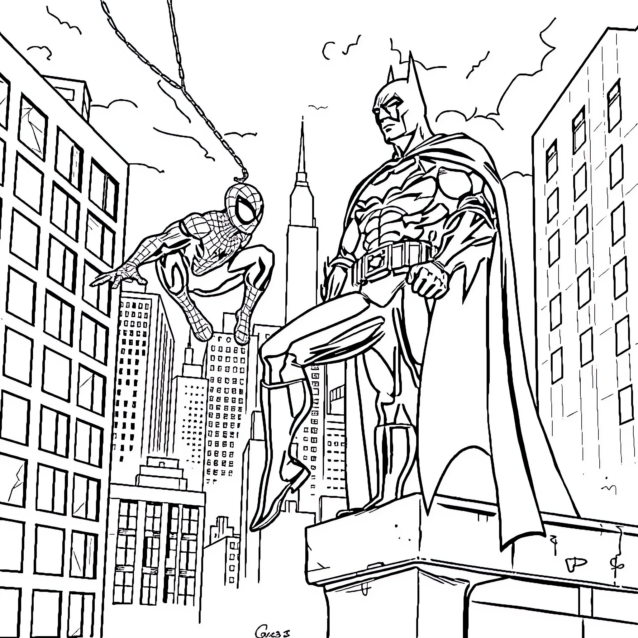 Spiderman and Batman teamup in the city skyline Coloring Page (free black-and-white line drawing printable PDF for all, from beginners to advanced learners, including children, teens, adults, and seniors)