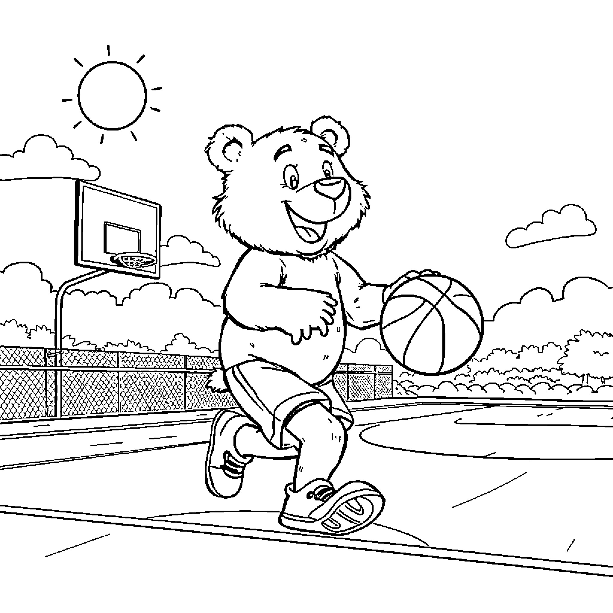 Bear playing basketball on sunny outdoor court Coloring Page (free black-and-white line drawing printable PDF for all, from beginners to advanced learners, including children, teens, adults, and seniors)