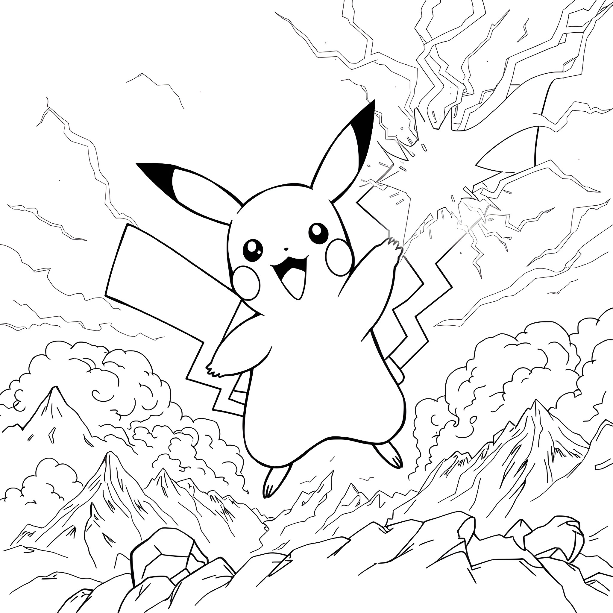 Pikachu using electric attack in the mountains Coloring Page (free black-and-white line drawing printable PDF for all, from beginners to advanced learners, including children, teens, adults, and seniors)