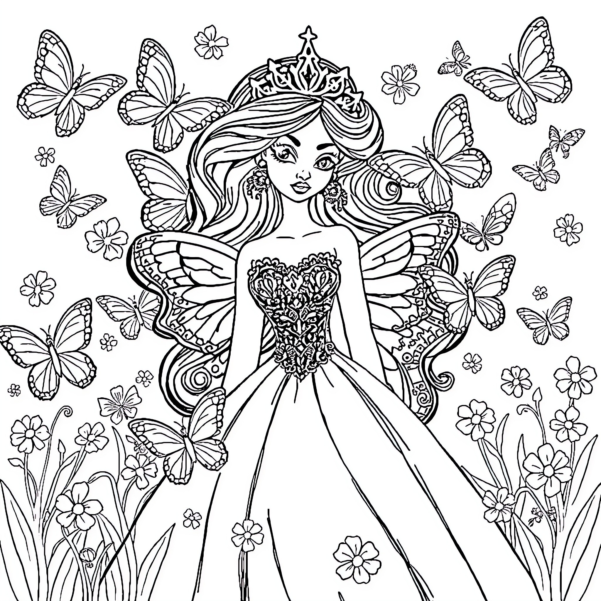 Princess surrounded by butterflies and flowers Coloring Page (free black-and-white line drawing printable PDF for all, from beginners to advanced learners, including children, teens, adults, and seniors)