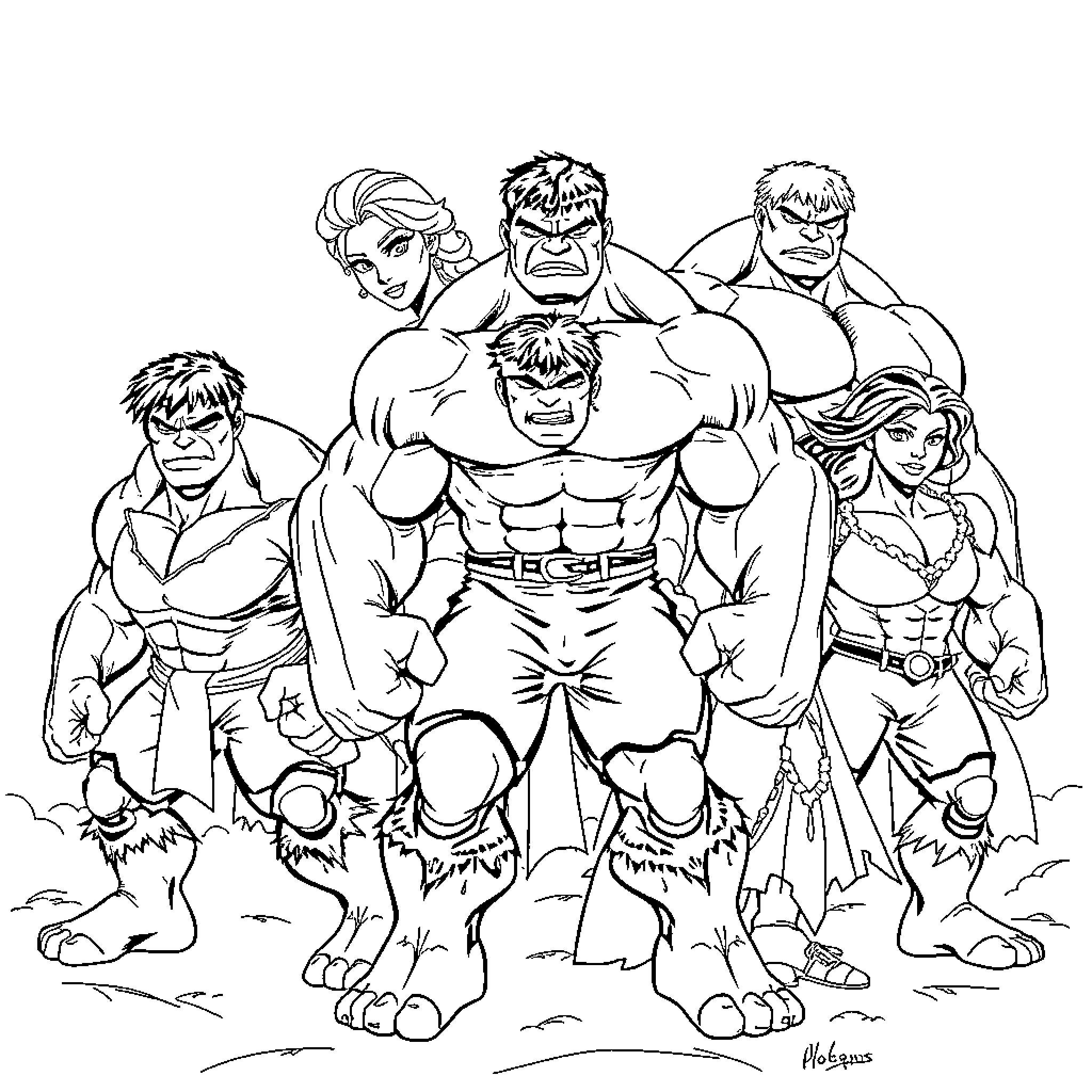 Frozen Character Family in Action Poses Coloring Page (free black-and-white line drawing printable PDF for all, from beginners to advanced learners, including children, teens, adults, and seniors)