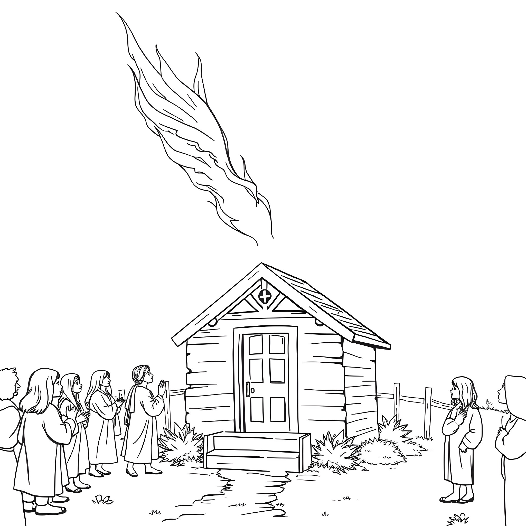 Holy Spirit descending over a rustic house and gathered people Coloring Page (free black-and-white line drawing printable PDF for all, from beginners to advanced learners, including children, teens, adults, and seniors)