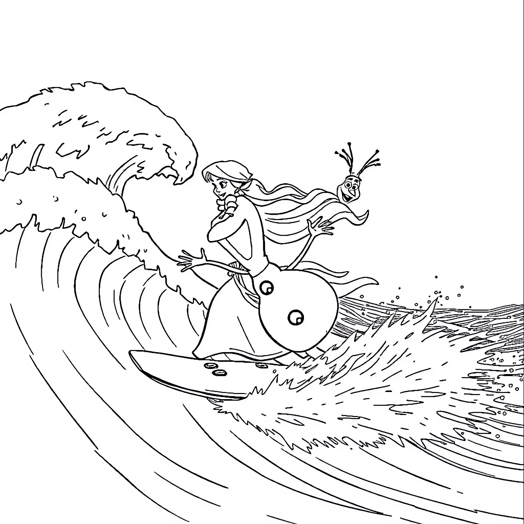 Queen Surfs Majestic Wave with Loyal Companion Coloring Page (free black-and-white line drawing printable PDF for all, from beginners to advanced learners, including children, teens, adults, and seniors)