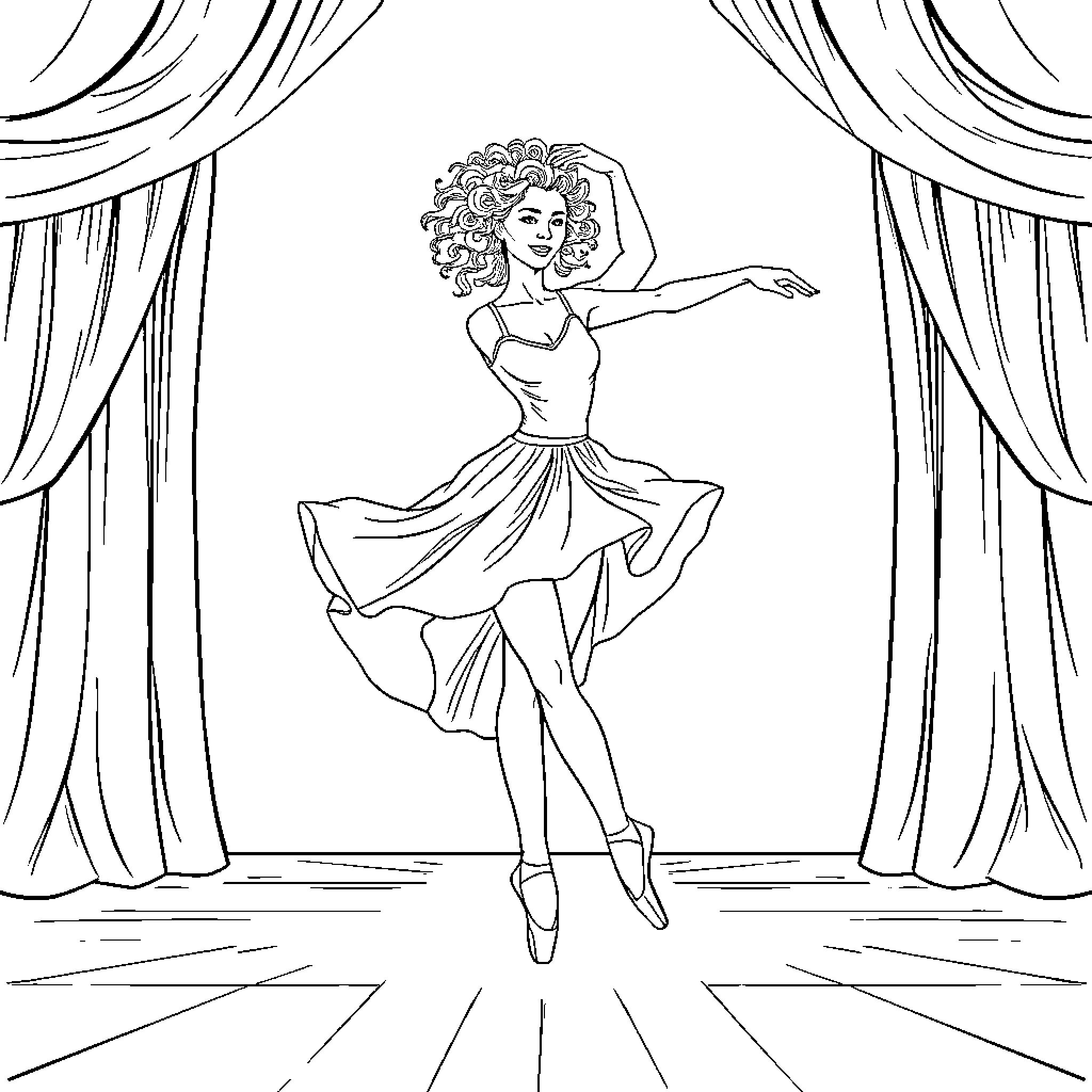 Ballet Dancer Performing with Grace and Elegance Coloring Page (free black-and-white line drawing printable PDF for all, from beginners to advanced learners, including children, teens, adults, and seniors)