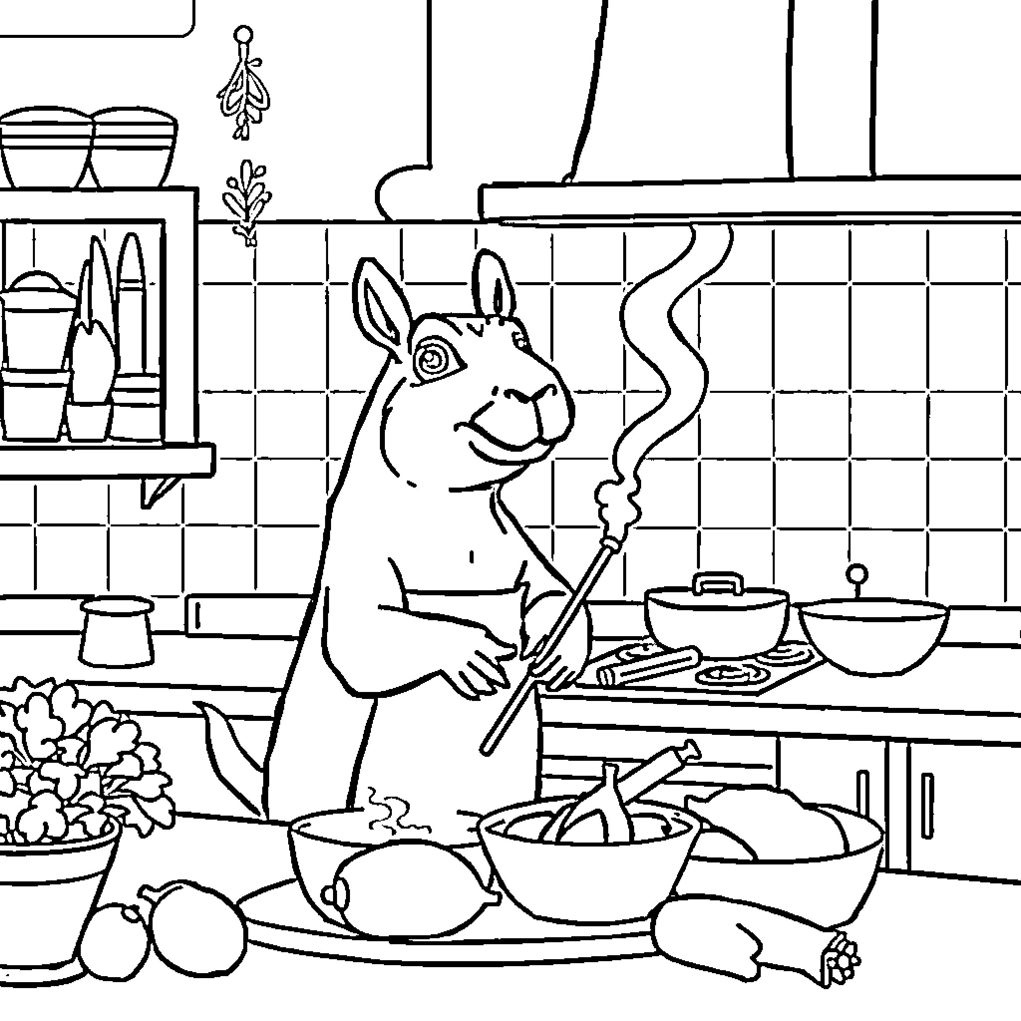Capybara cooking in the kitchen Coloring Page (free black-and-white line drawing printable PDF for all, from beginners to advanced learners, including children, teens, adults, and seniors)