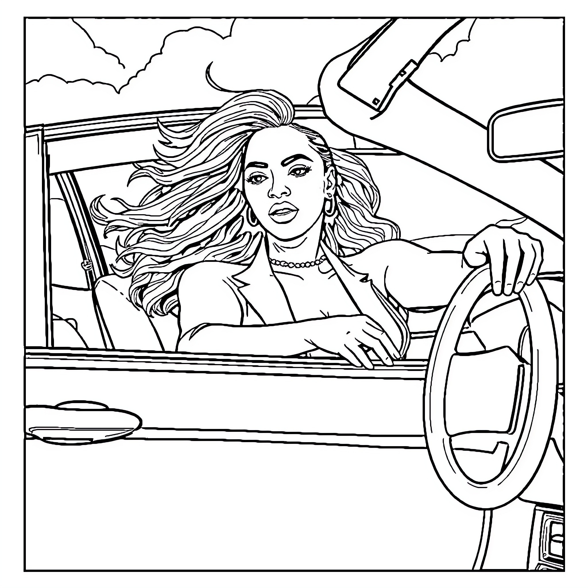 Beyonce driving a car with flowing hair Coloring Page (free black-and-white line drawing printable PDF for all, from beginners to advanced learners, including children, teens, adults, and seniors)