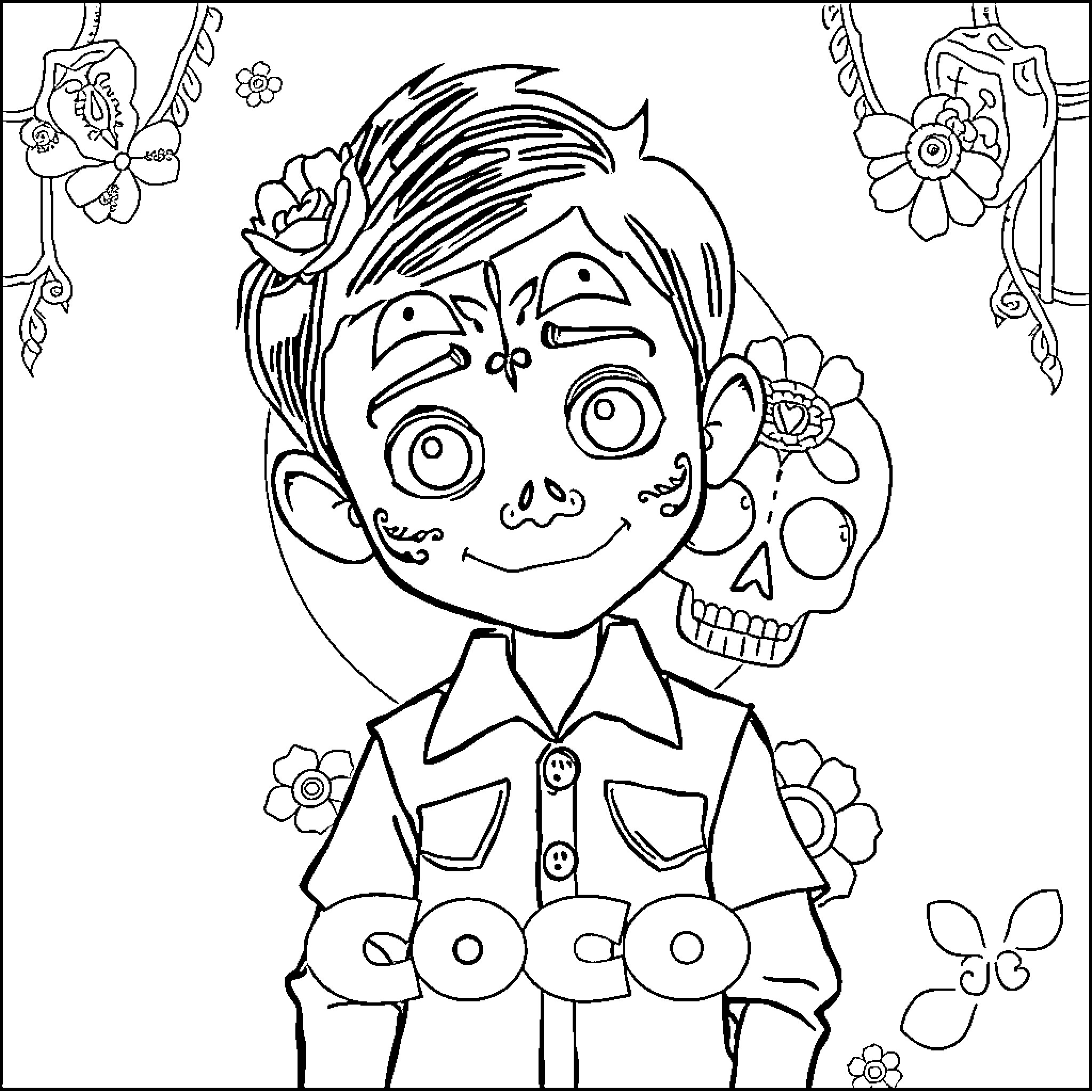 Coco's Colorful Celebration Coloring Page (free black-and-white line drawing printable PDF for all, from beginners to advanced learners, including children, teens, adults, and seniors)