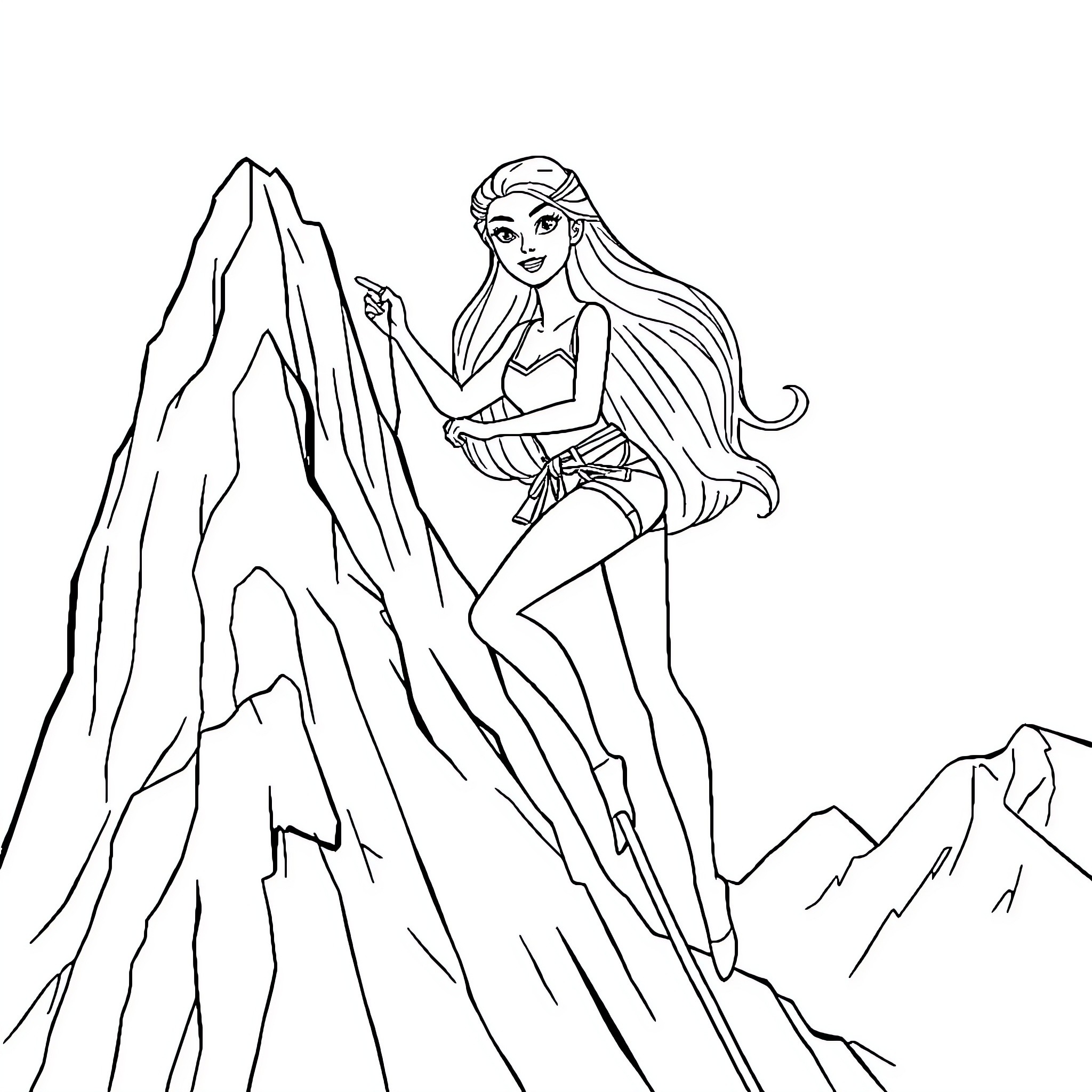 Barbie climbing the mountain peak Coloring Page (free black-and-white line drawing printable PDF for all, from beginners to advanced learners, including children, teens, adults, and seniors)