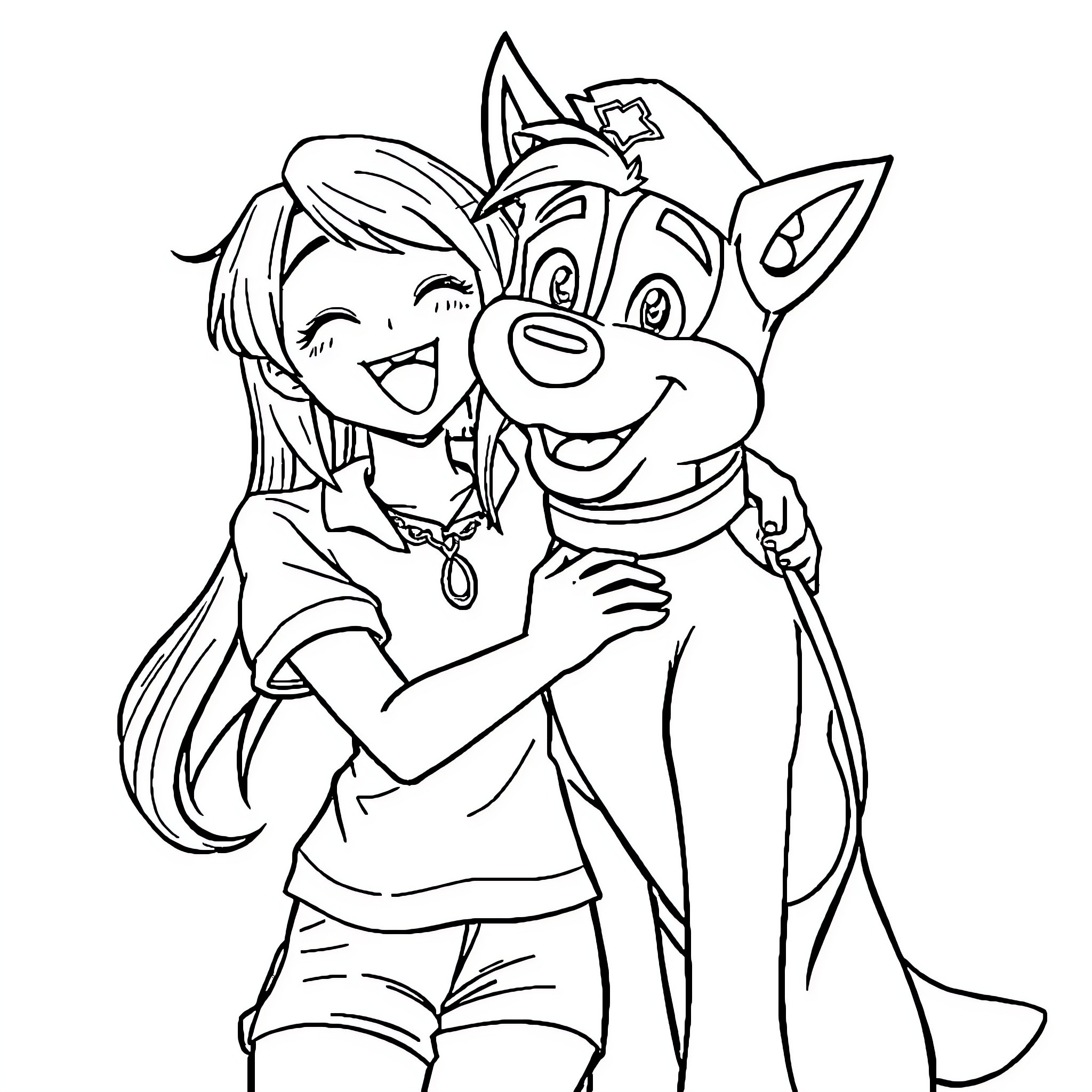 Yumi and her Playful Companion Coloring Page (free black-and-white line drawing printable PDF for all, from beginners to advanced learners, including children, teens, adults, and seniors)