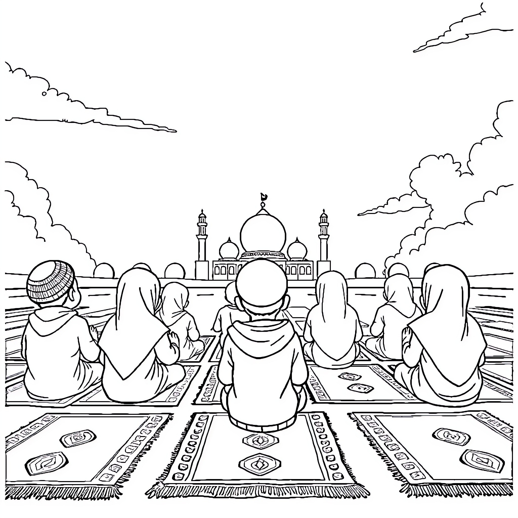 Kid group praying together at mosque Coloring Page (free black-and-white line drawing printable PDF for all, from beginners to advanced learners, including children, teens, adults, and seniors)