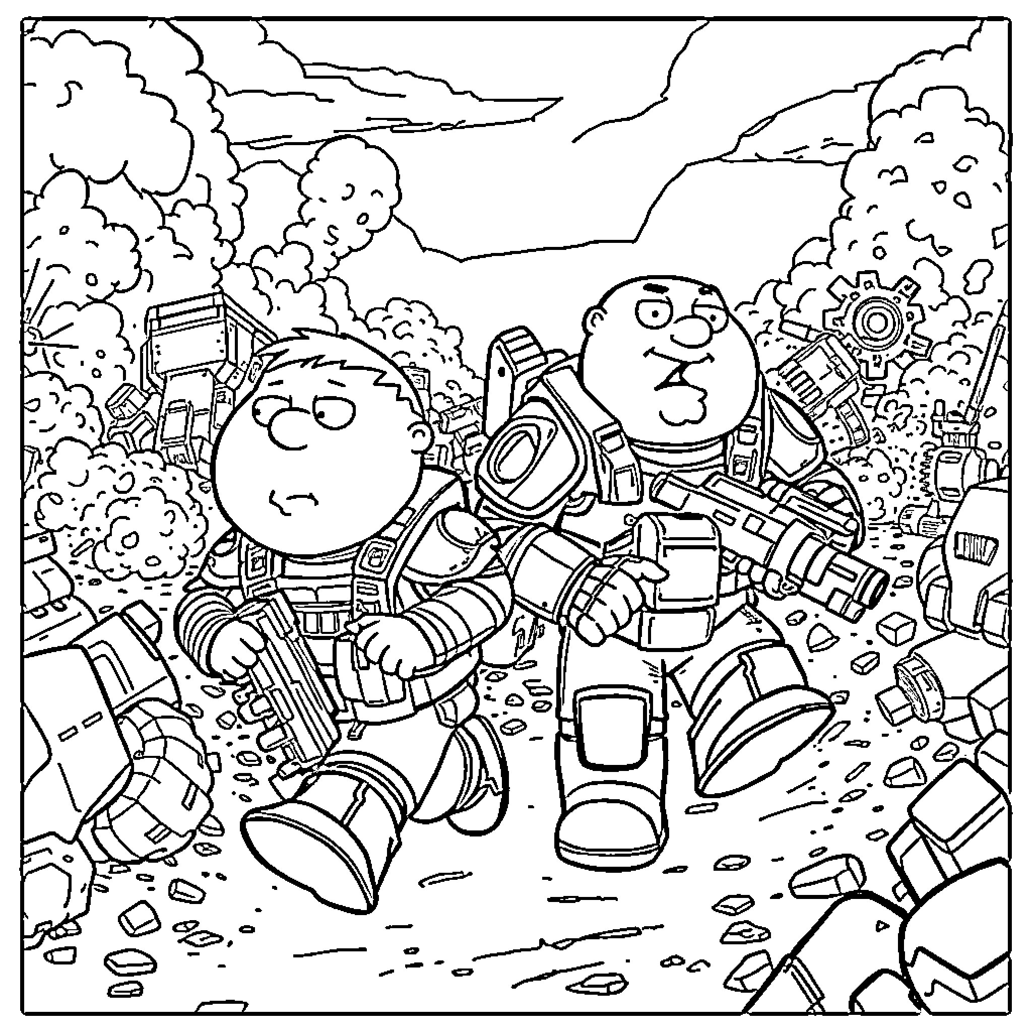 Character Exploring Messy Post-Apocalyptic Landscape Coloring Page (free black-and-white line drawing printable PDF for all, from beginners to advanced learners, including children, teens, adults, and seniors)