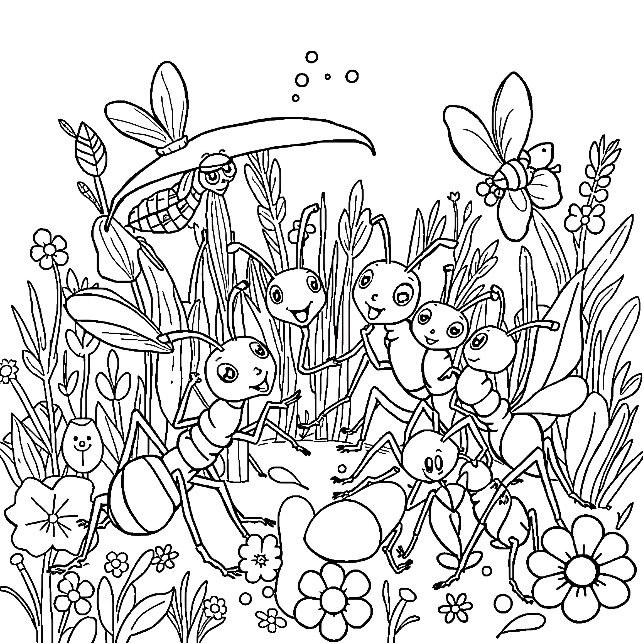 Ant exploring a whimsical floral garden Coloring Page (free black-and-white line drawing printable PDF for all, from beginners to advanced learners, including children, teens, adults, and seniors)