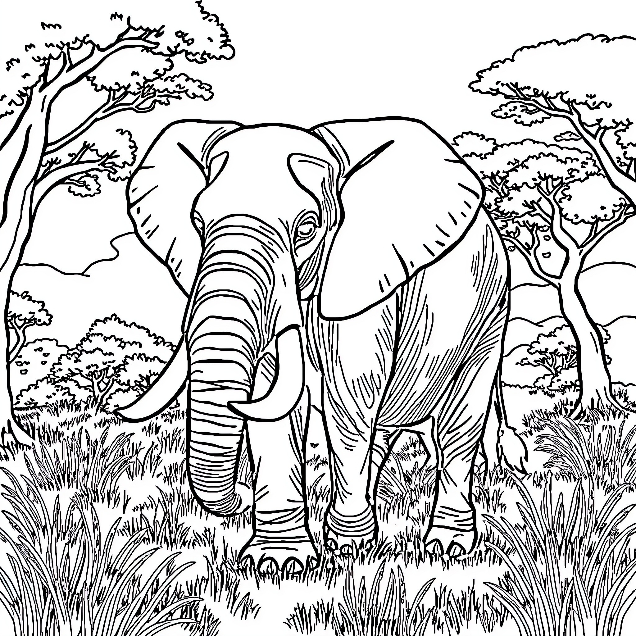 Elephant standing proudly in the African wilderness Coloring Page (free black-and-white line drawing printable PDF for all, from beginners to advanced learners, including children, teens, adults, and seniors)