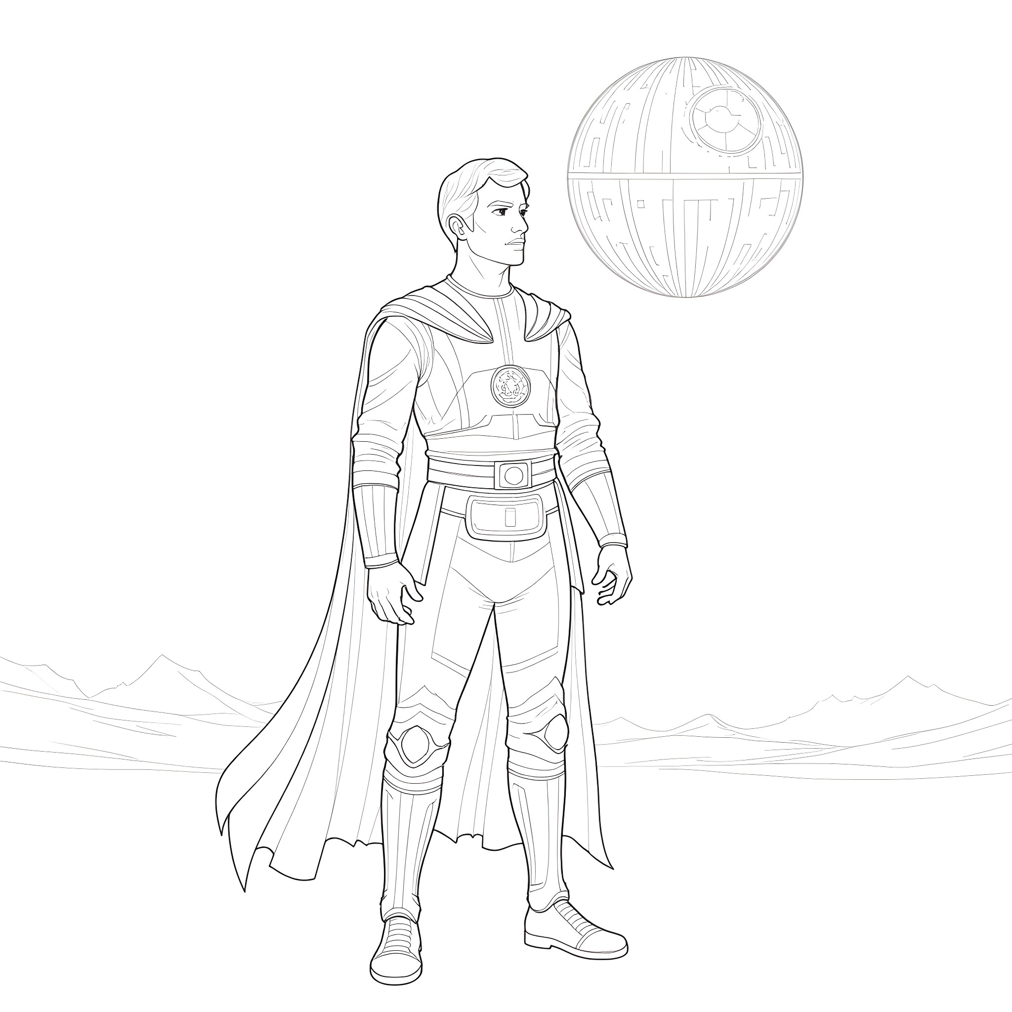 Jedi Knight stands before the Death Star Coloring Page (free black-and-white line drawing printable PDF for all, from beginners to advanced learners, including children, teens, adults, and seniors)