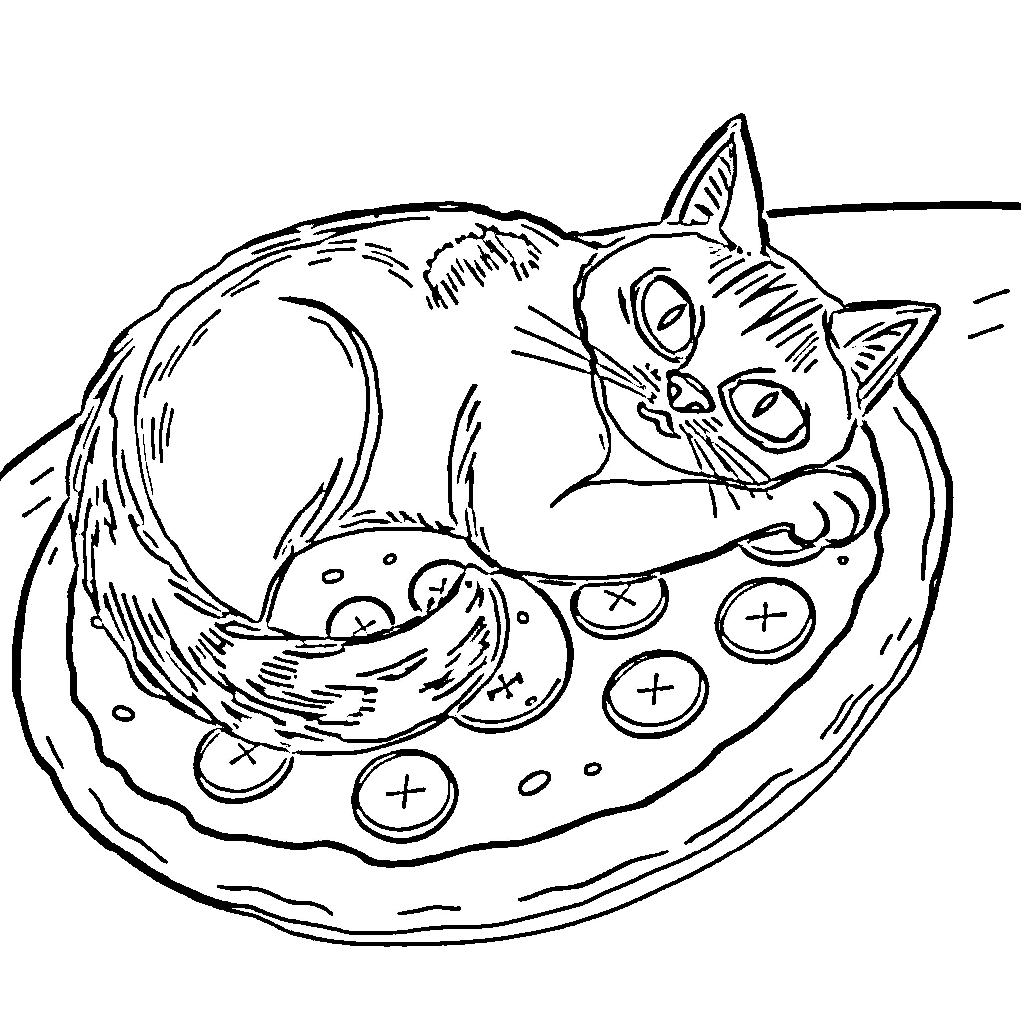 Cat curled up on a patterned surface Coloring Page (free black-and-white line drawing printable PDF for all, from beginners to advanced learners, including children, teens, adults, and seniors)