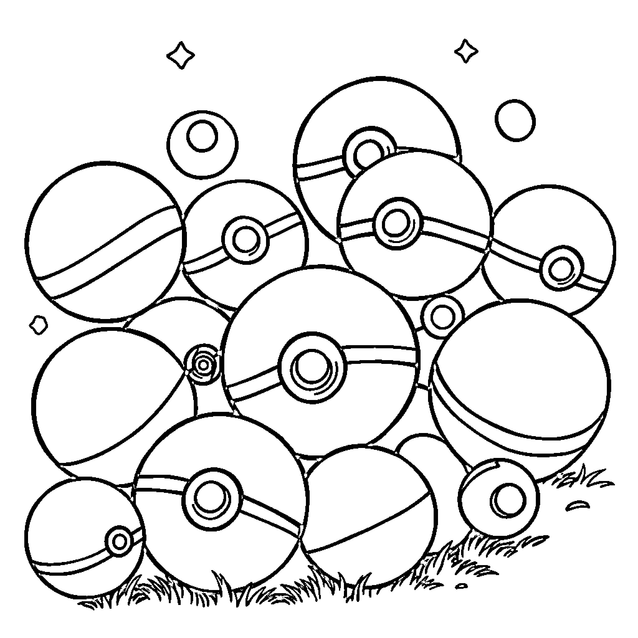 Pokeballs scattered on the grass Coloring Page (free black-and-white line drawing printable PDF for all, from beginners to advanced learners, including children, teens, adults, and seniors)