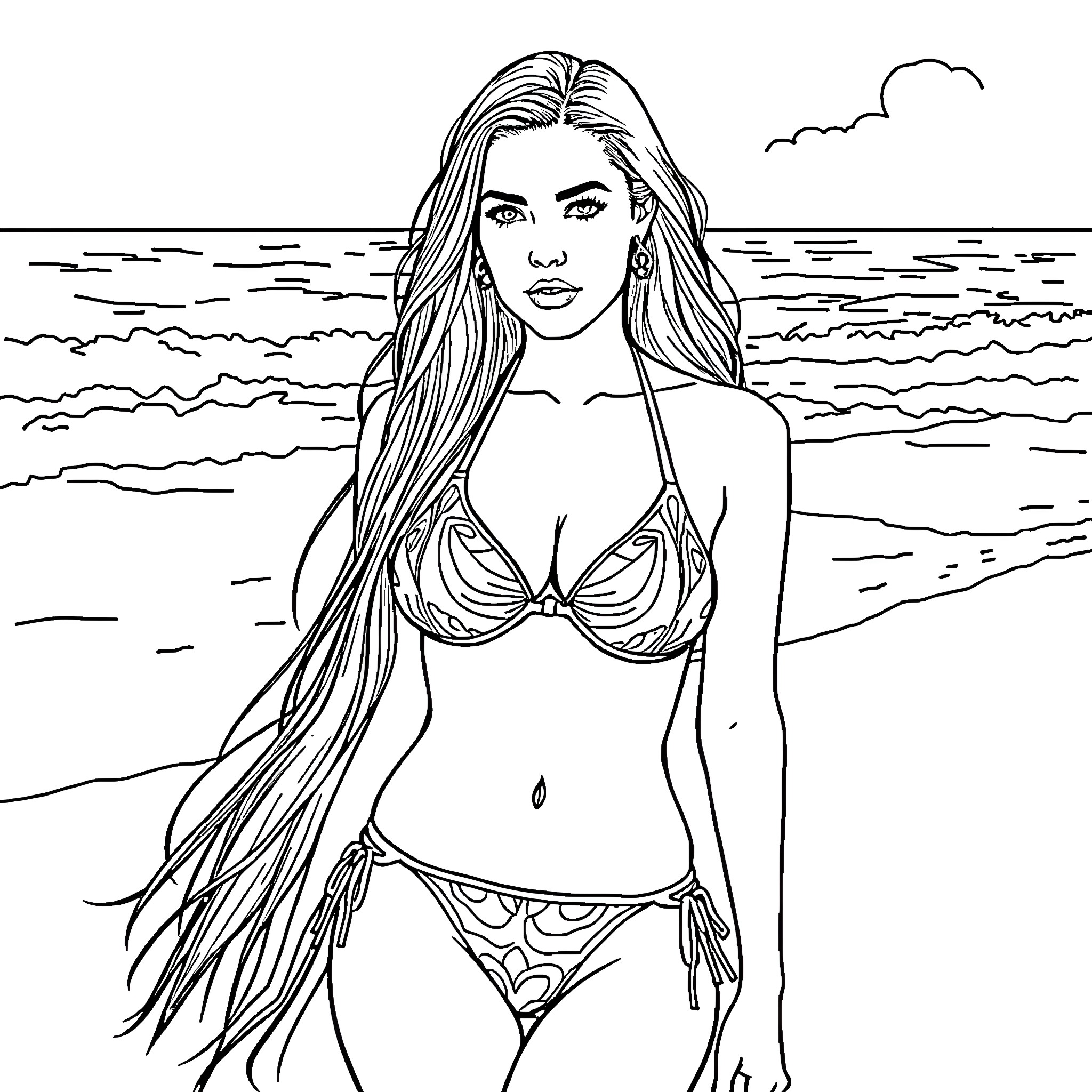 Megan Fox posing confidently in a swimsuit on the beach Coloring Page (free black-and-white line drawing printable PDF for all, from beginners to advanced learners, including children, teens, adults, and seniors)