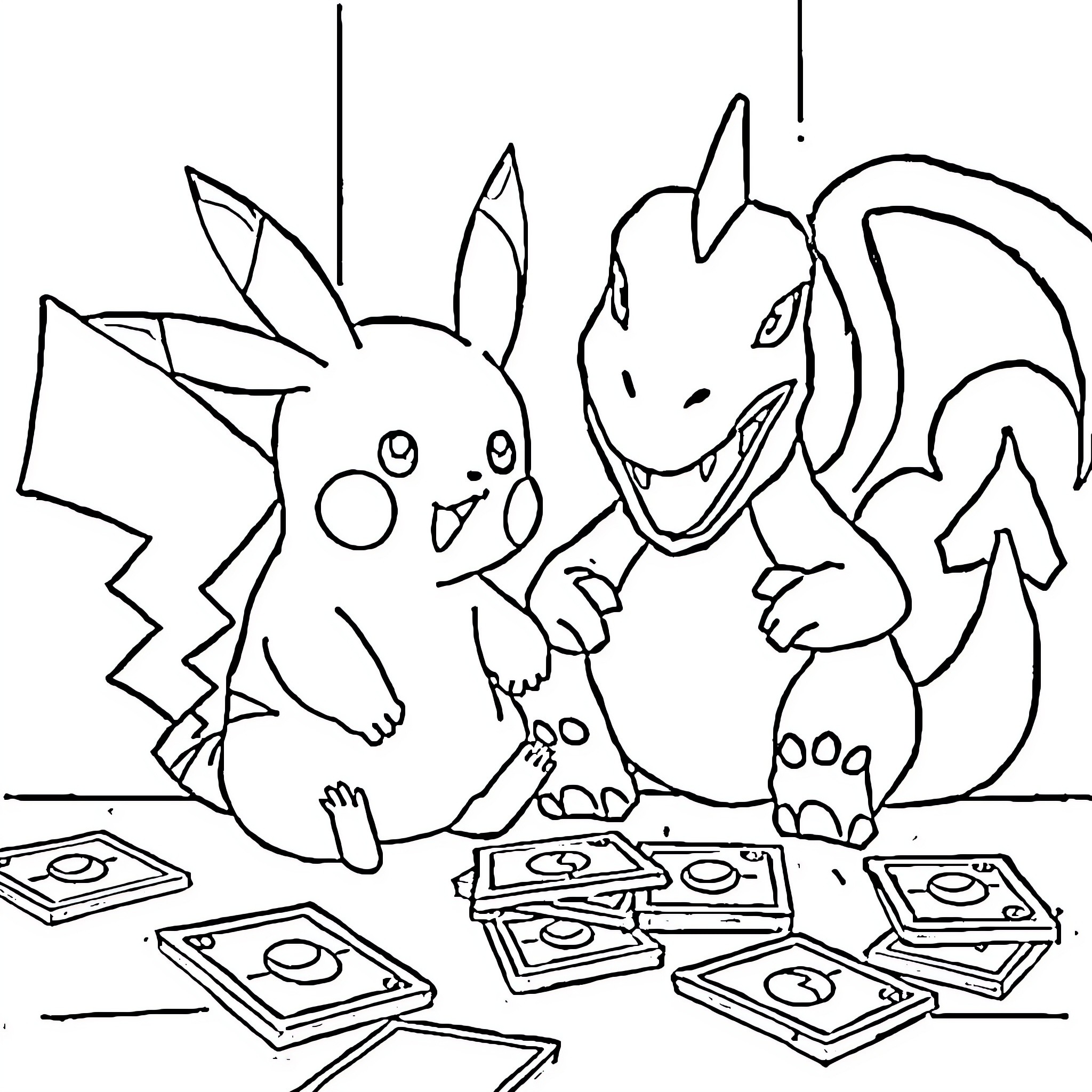 Pikachu and Dragonite playing with trading cards Coloring Page (free black-and-white line drawing printable PDF for all, from beginners to advanced learners, including children, teens, adults, and seniors)