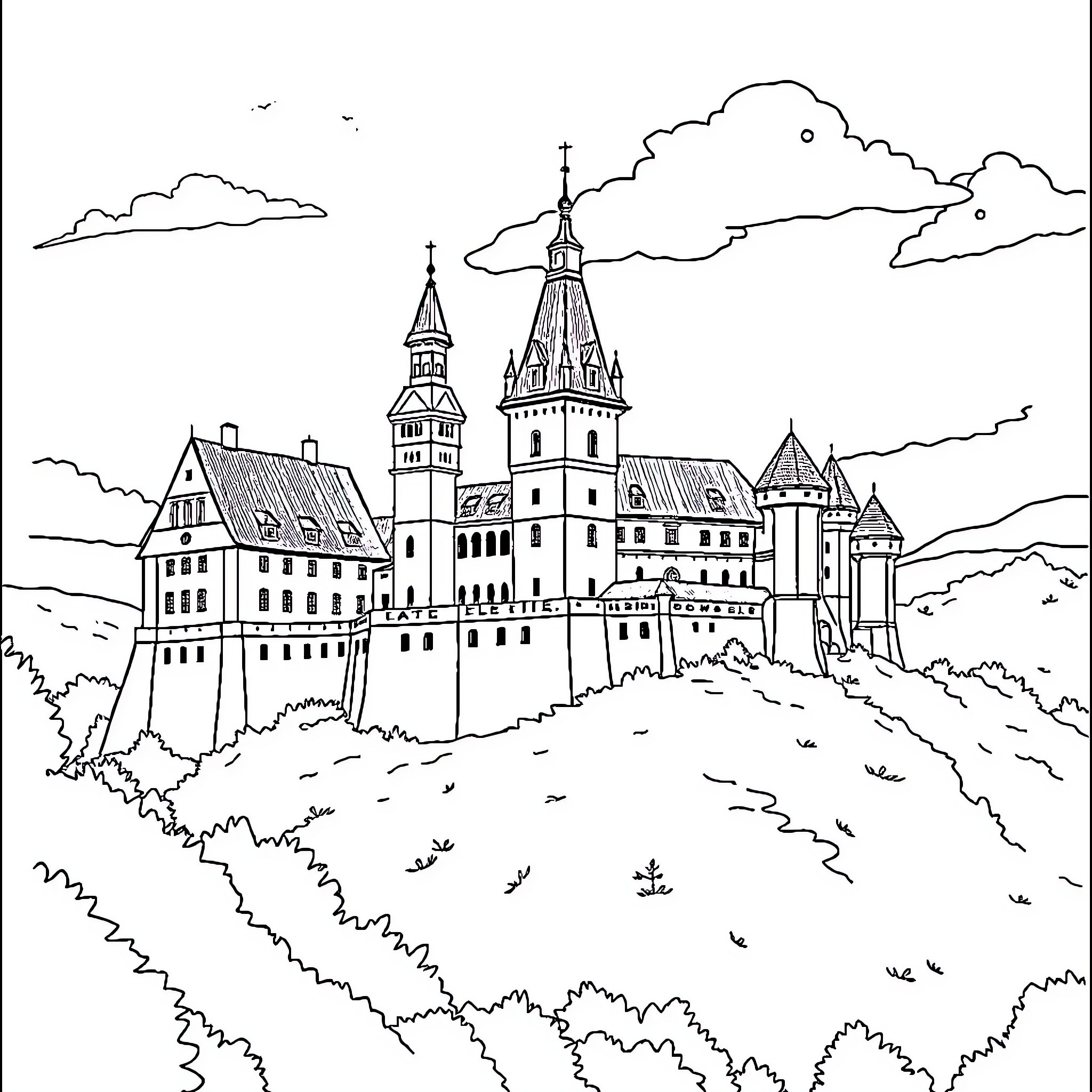 Castle on a hilltop with ornate towers and architecture Coloring Page (free black-and-white line drawing printable PDF for all, from beginners to advanced learners, including children, teens, adults, and seniors)