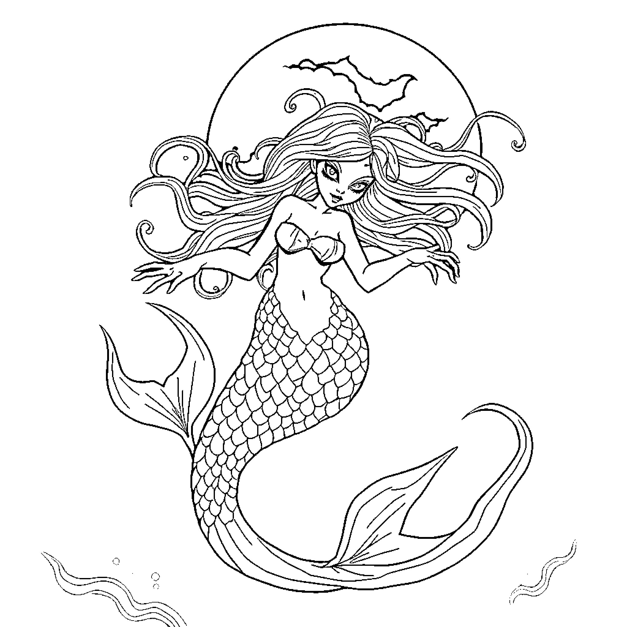Vampire Mermaid swimming gracefully in the moonlight Coloring Page (free black-and-white line drawing printable PDF for all, from beginners to advanced learners, including children, teens, adults, and seniors)