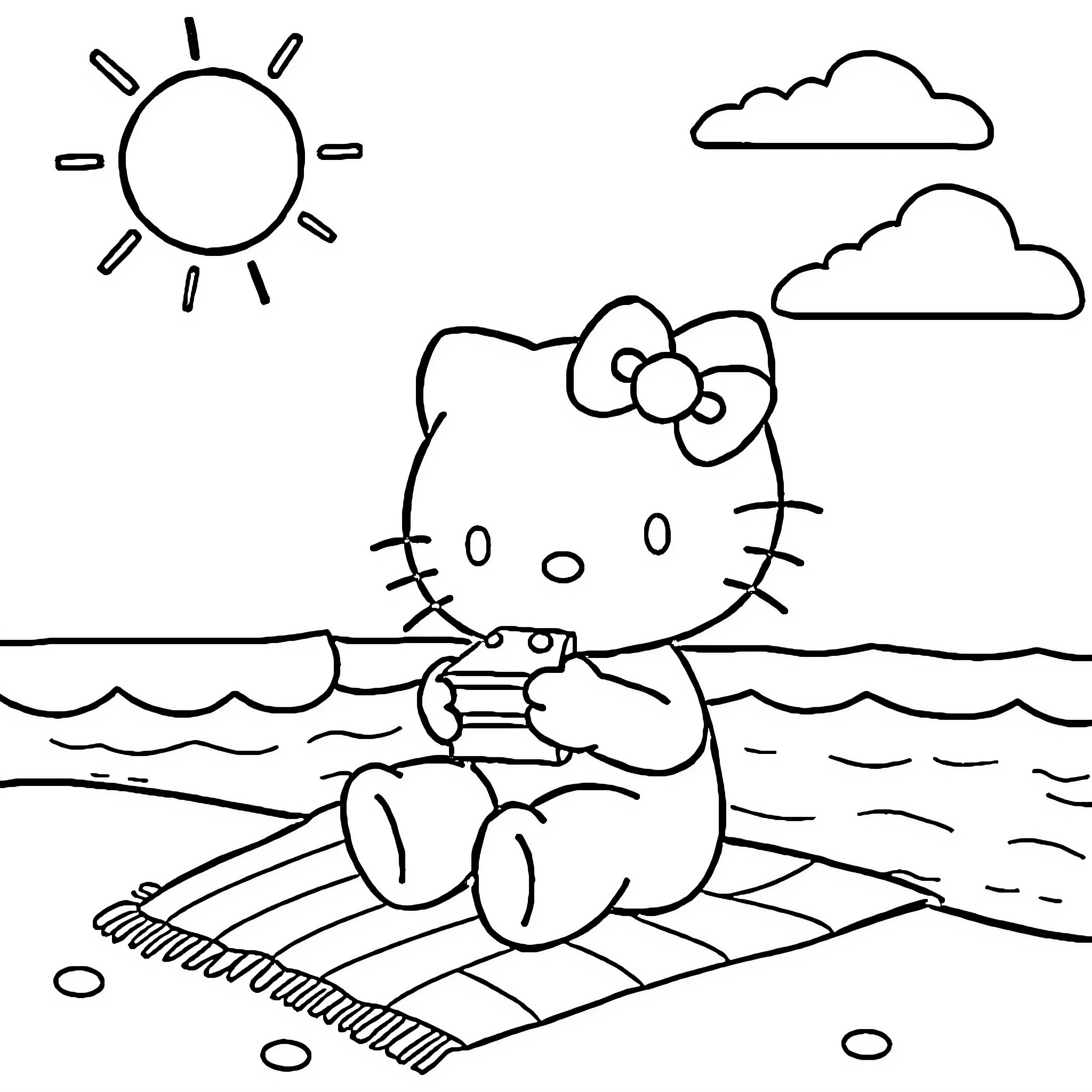 Hello Kitty enjoying a sunny day at the beach Coloring Page (free black-and-white line drawing printable PDF for all, from beginners to advanced learners, including children, teens, adults, and seniors)