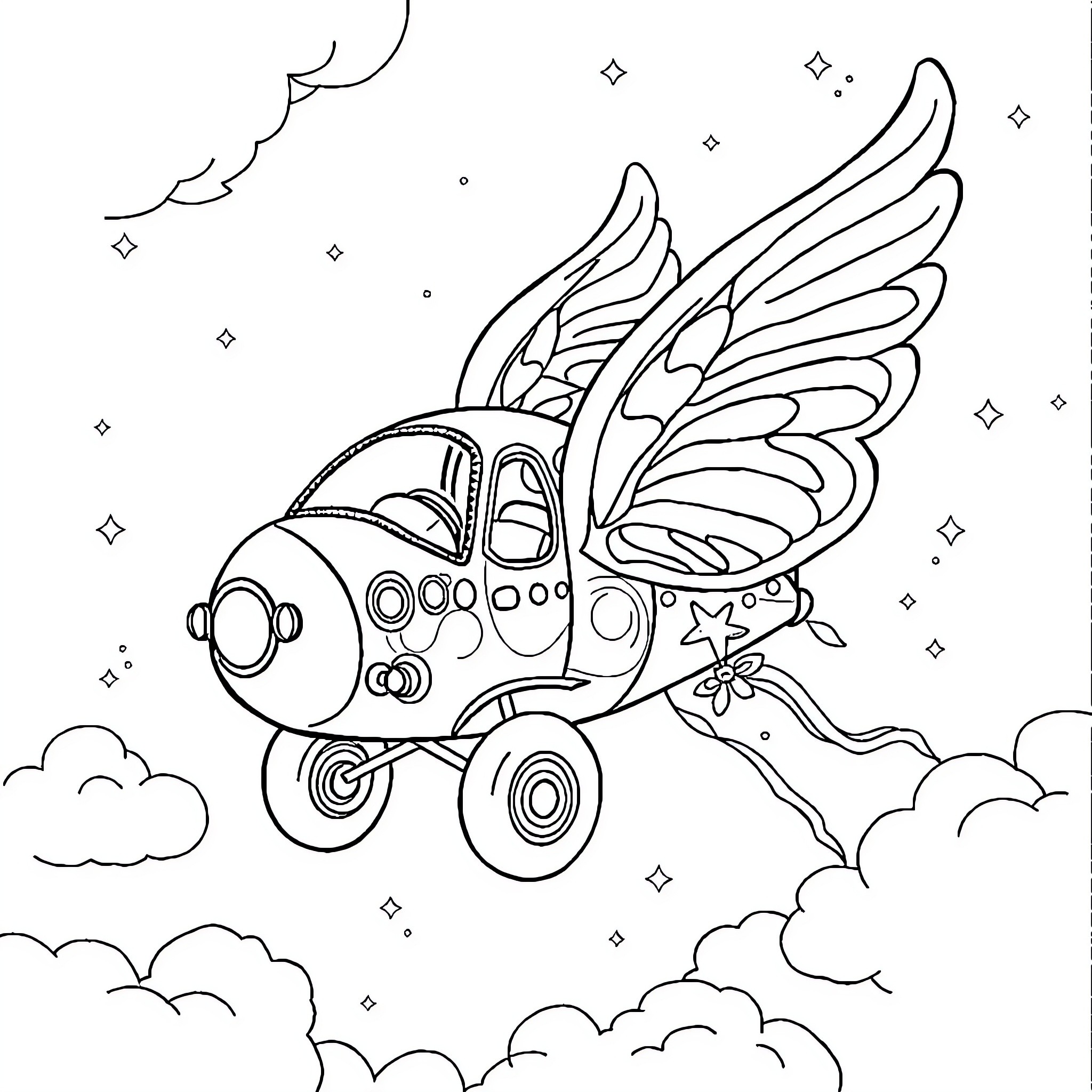Bus with wings soaring through the clouds Coloring Page (free black-and-white line drawing printable PDF for all, from beginners to advanced learners, including children, teens, adults, and seniors)