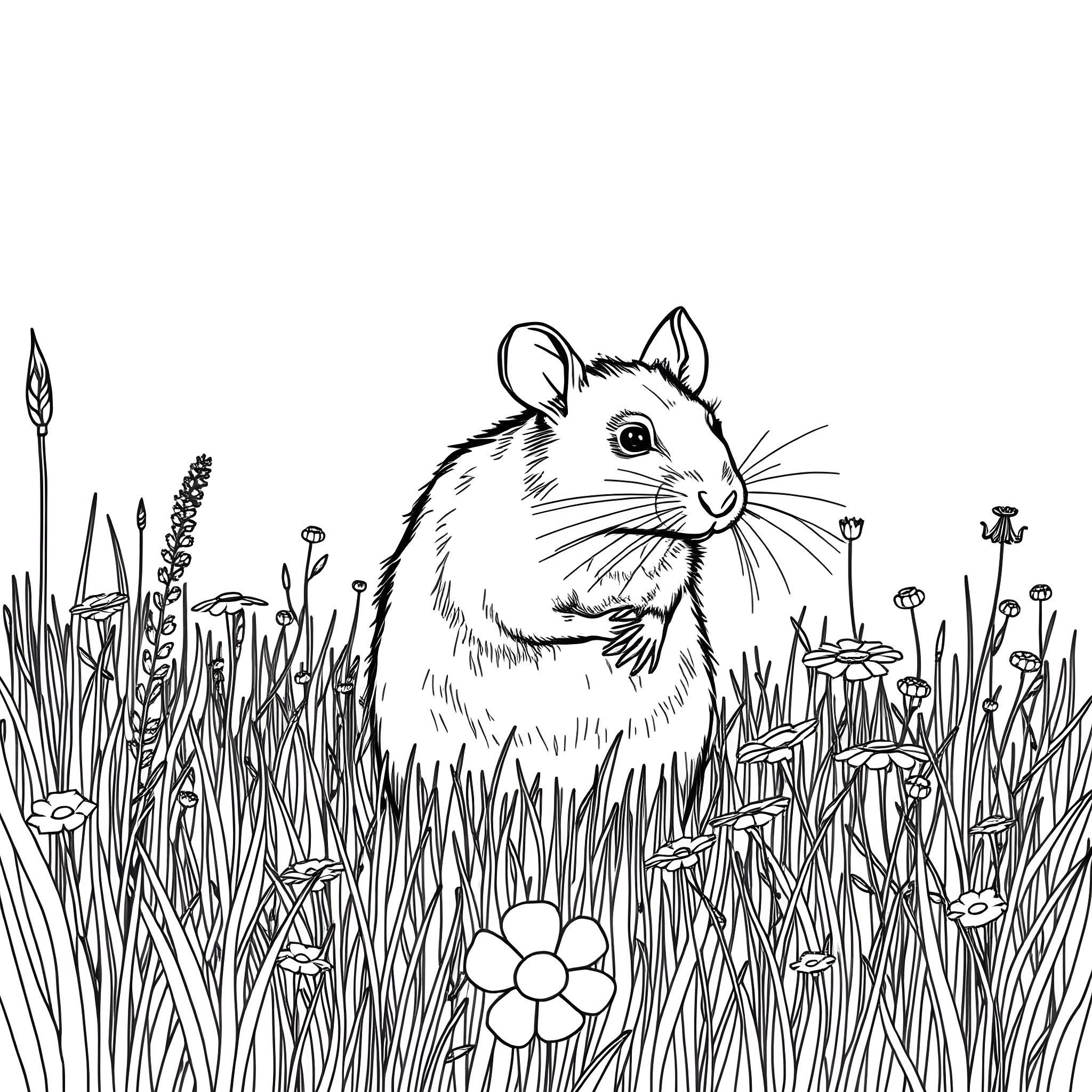 Rat exploring the garden Coloring Page (free black-and-white line drawing printable PDF for all, from beginners to advanced learners, including children, teens, adults, and seniors)