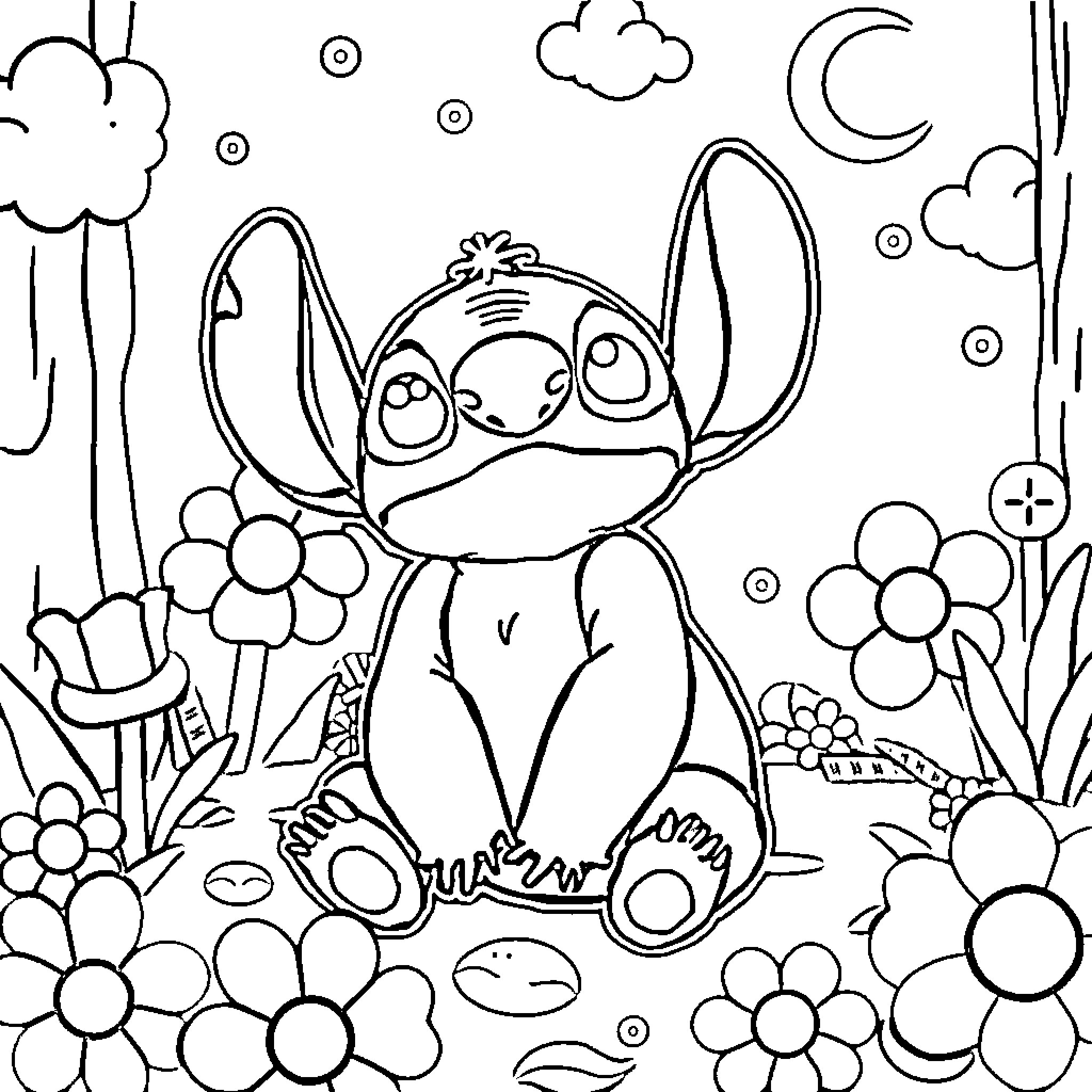 Stitch enjoying a floral meadow Coloring Page (free black-and-white line drawing printable PDF for all, from beginners to advanced learners, including children, teens, adults, and seniors)