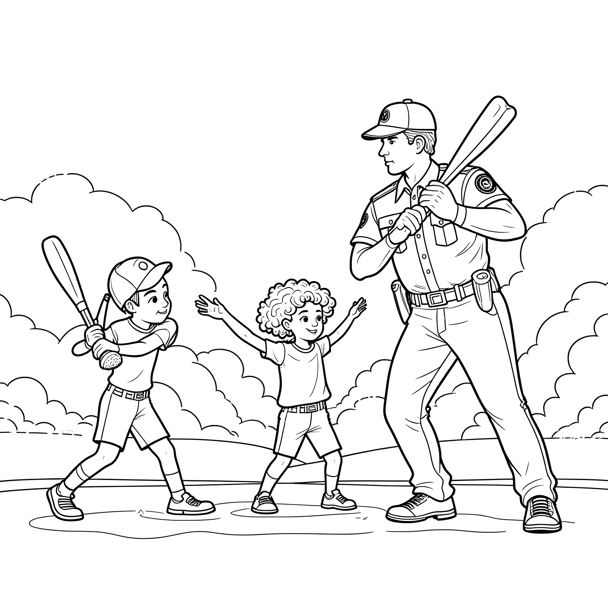 Police Officer Interacting with Children Playing Baseball Coloring Page (free black-and-white line drawing printable PDF for all, from beginners to advanced learners, including children, teens, adults, and seniors)