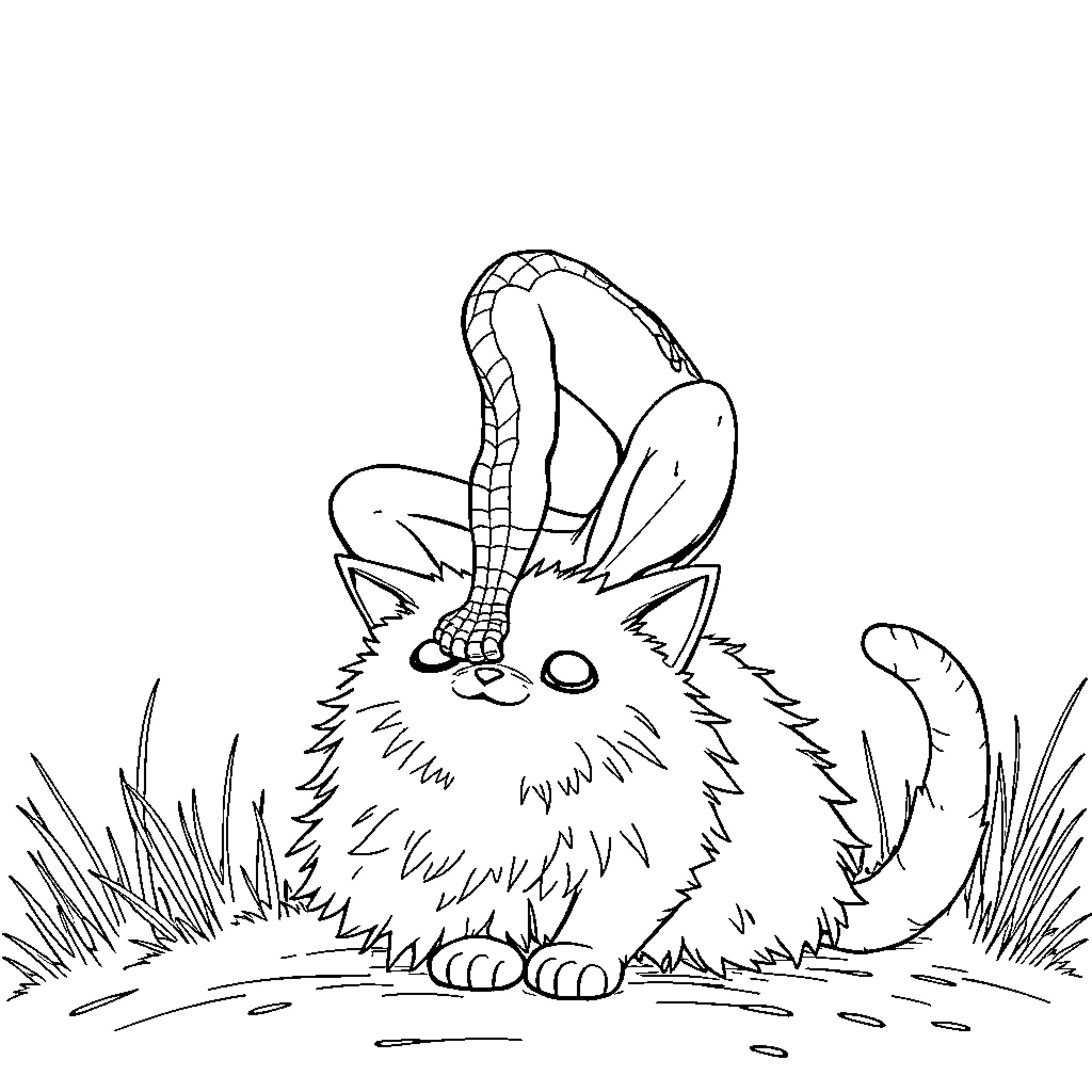 Spiderman curiously examining a furry creature Coloring Page (free black-and-white line drawing printable PDF for all, from beginners to advanced learners, including children, teens, adults, and seniors)