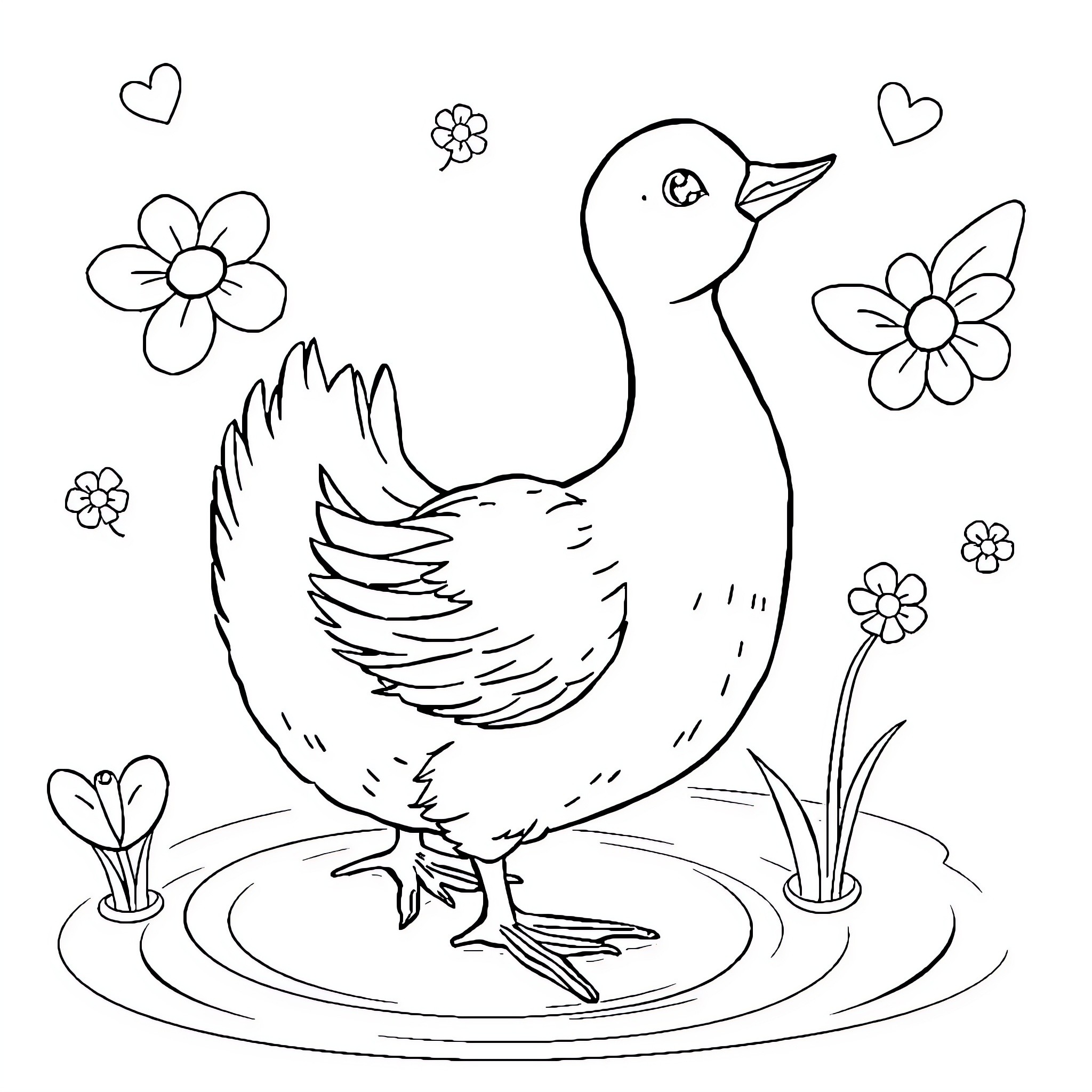 Poule surrounded by flowers enjoying a sunny day Coloring Page (free black-and-white line drawing printable PDF for all, from beginners to advanced learners, including children, teens, adults, and seniors)
