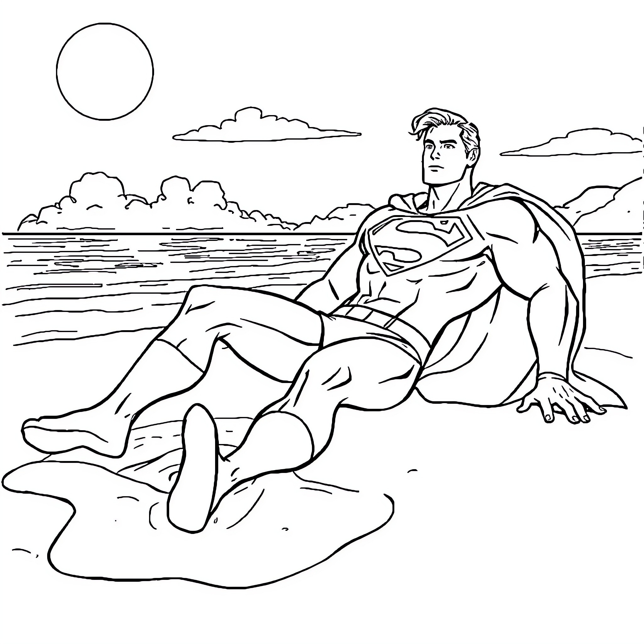 Superman resting peacefully on the beach Coloring Page (free black-and-white line drawing printable PDF for all, from beginners to advanced learners, including children, teens, adults, and seniors)