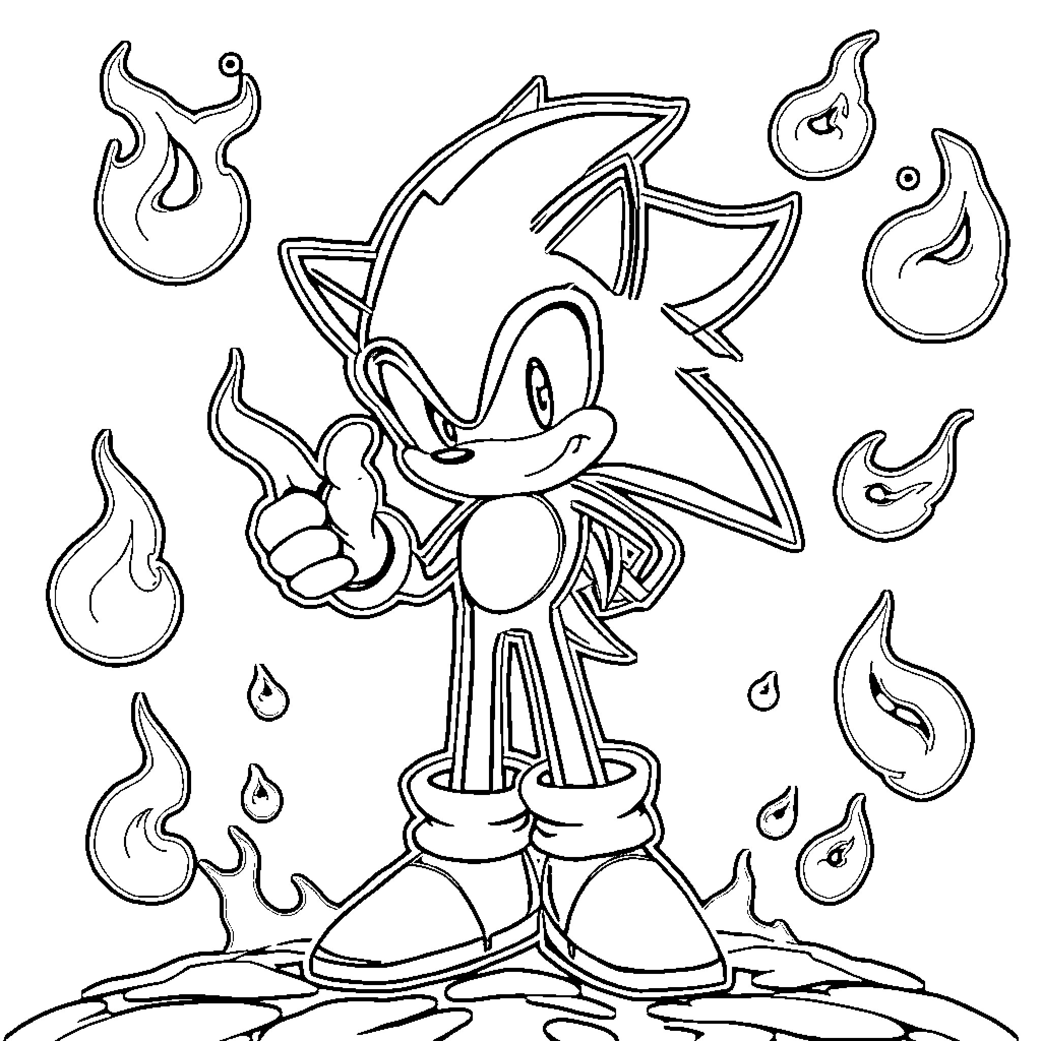 Sonic joyfully poses amidst fiery surroundings Coloring Page (free black-and-white line drawing printable PDF for all, from beginners to advanced learners, including children, teens, adults, and seniors)